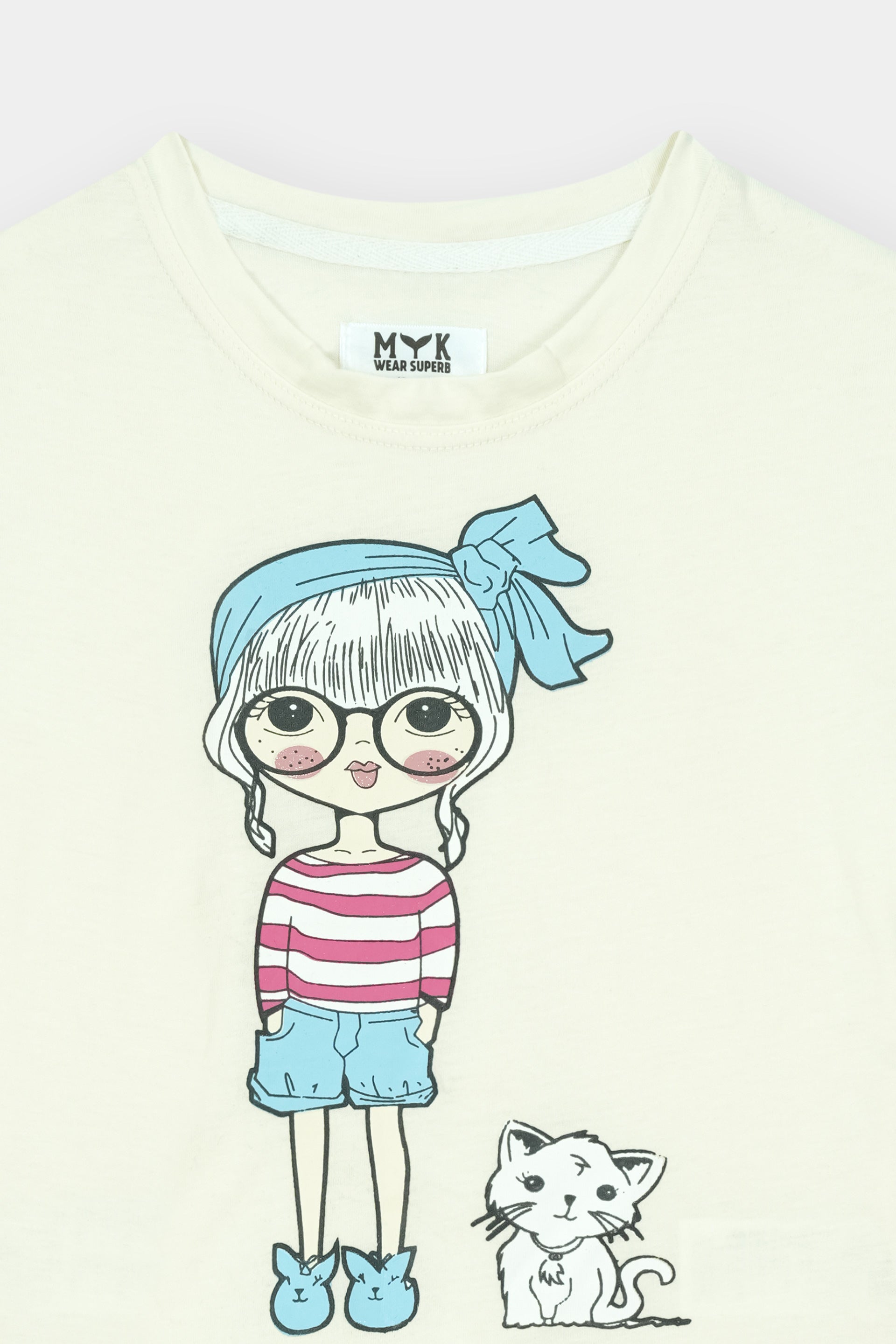 Cute Doll & Cat White Printed T-Shirt with Pink Striped Trouser Set - MYK_Fatimas