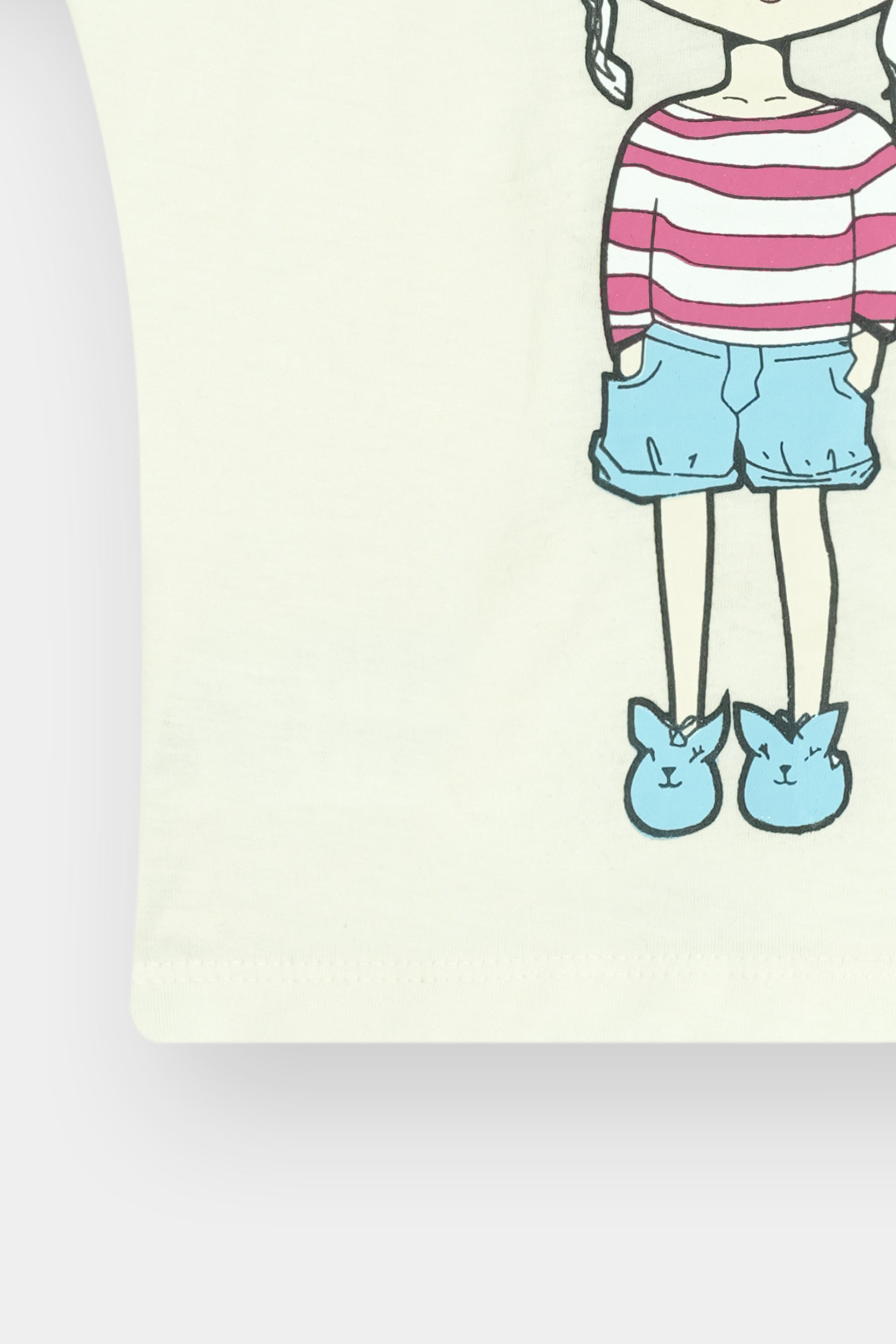 Cute Doll & Cat White Printed T-Shirt with Pink Striped Trouser Set