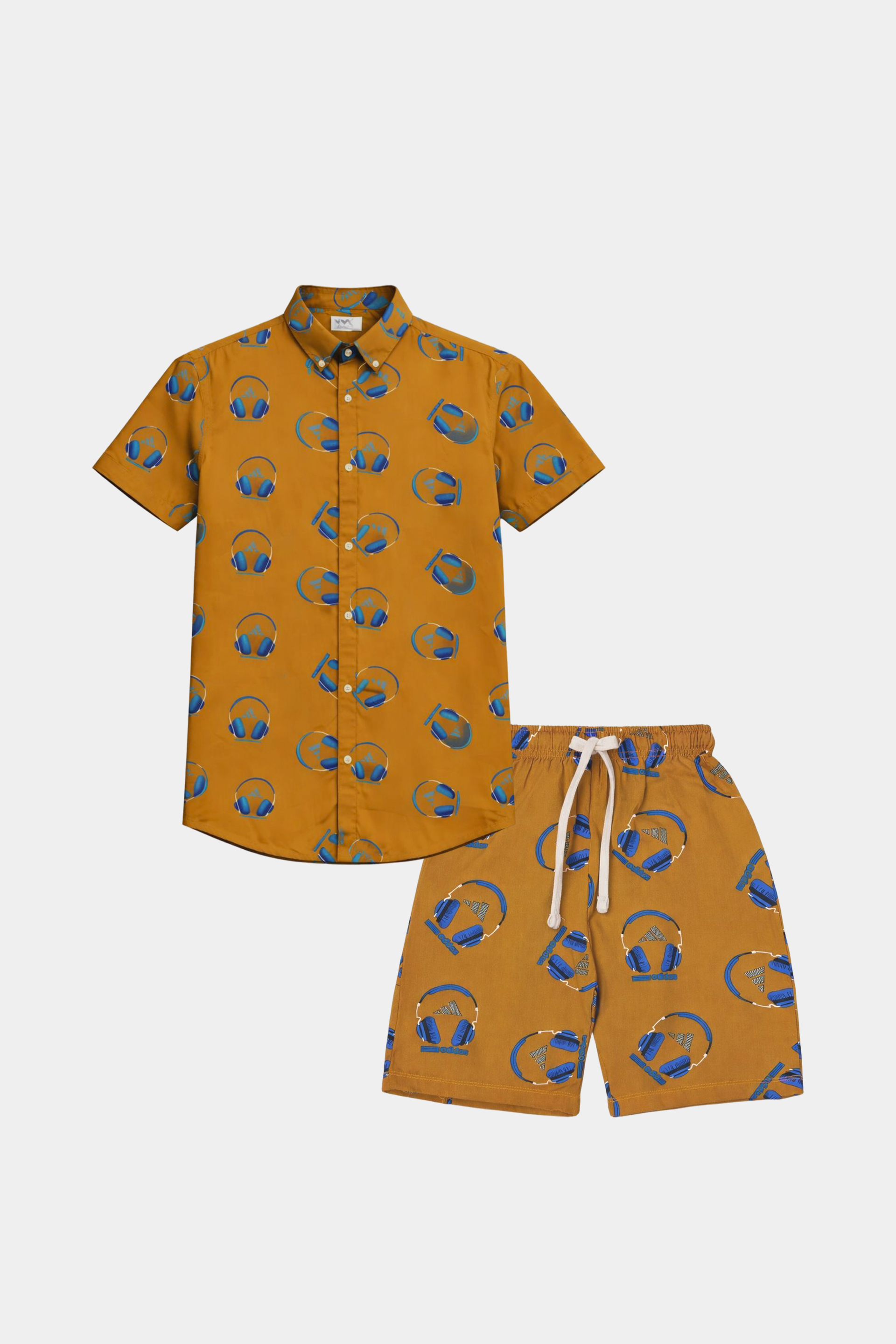 Boys Summer Linen Co-ord Set – Mustard Headphone Print Shirt & Shorts