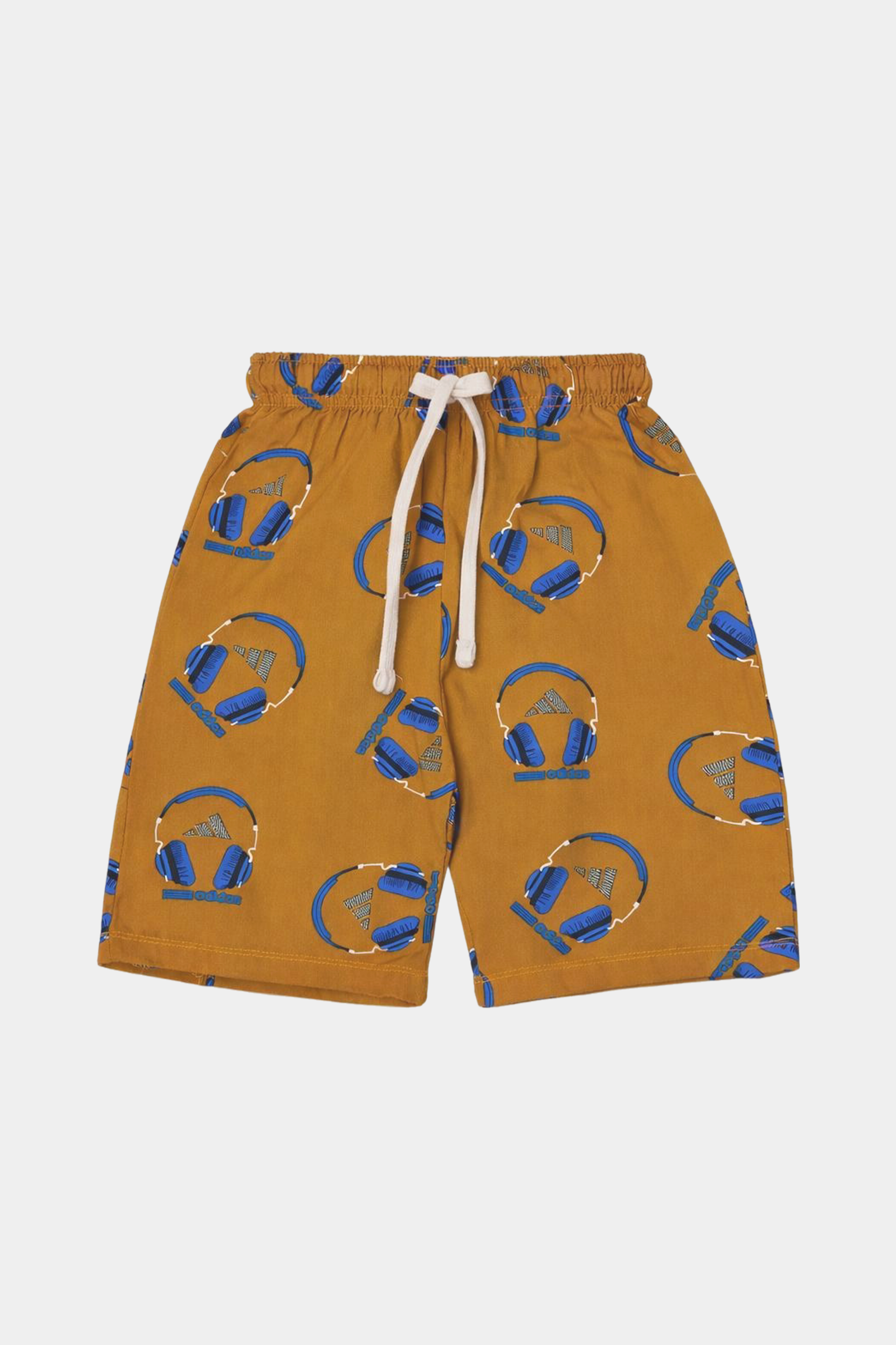 Boys Summer Linen Co-ord Set – Mustard Headphone Print Shirt & Shorts