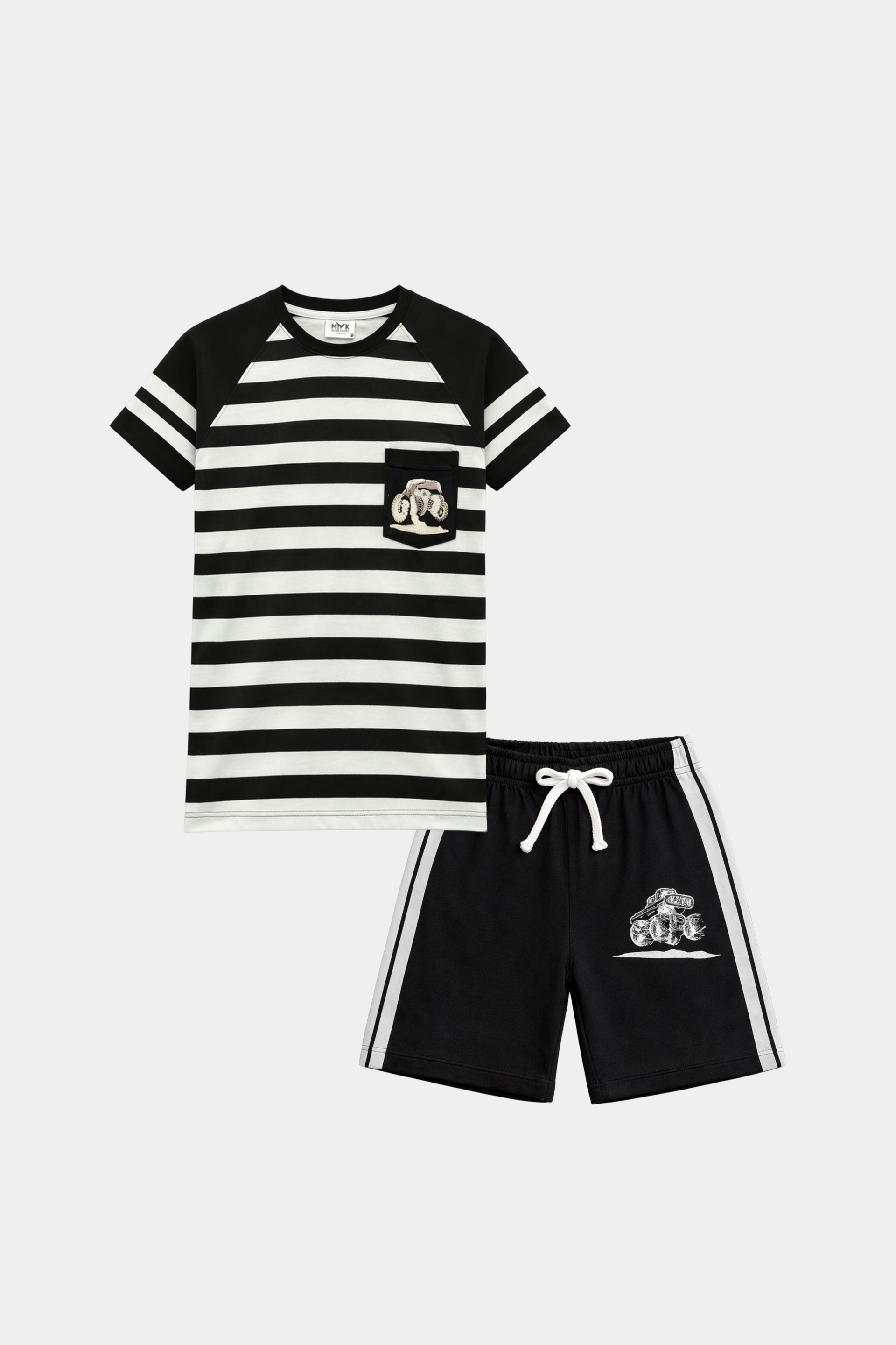 Boys Summer Striped Monster Truck Outfit – Black & White