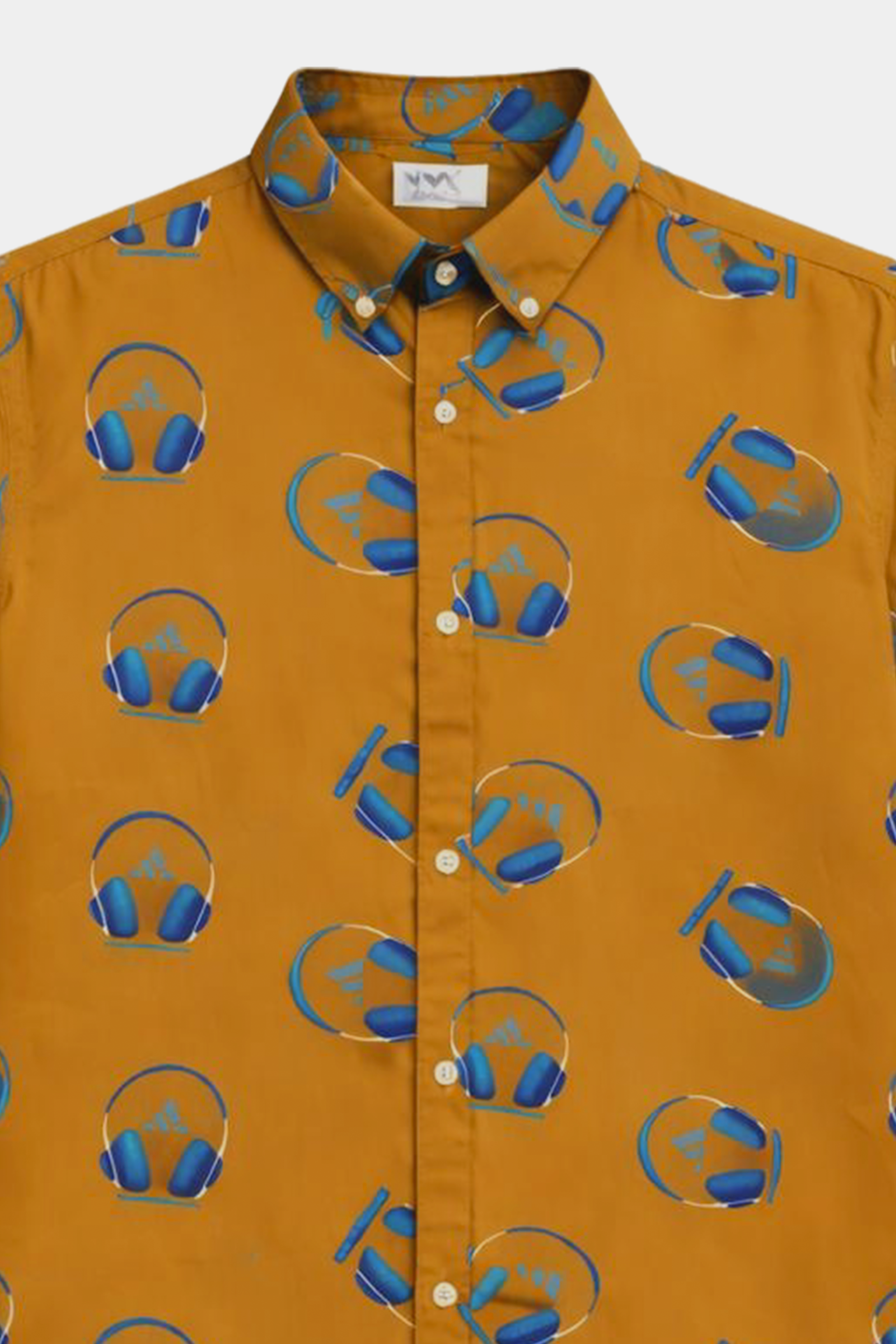 Boys Summer Linen Co-ord Set – Mustard Headphone Print Shirt & Shorts