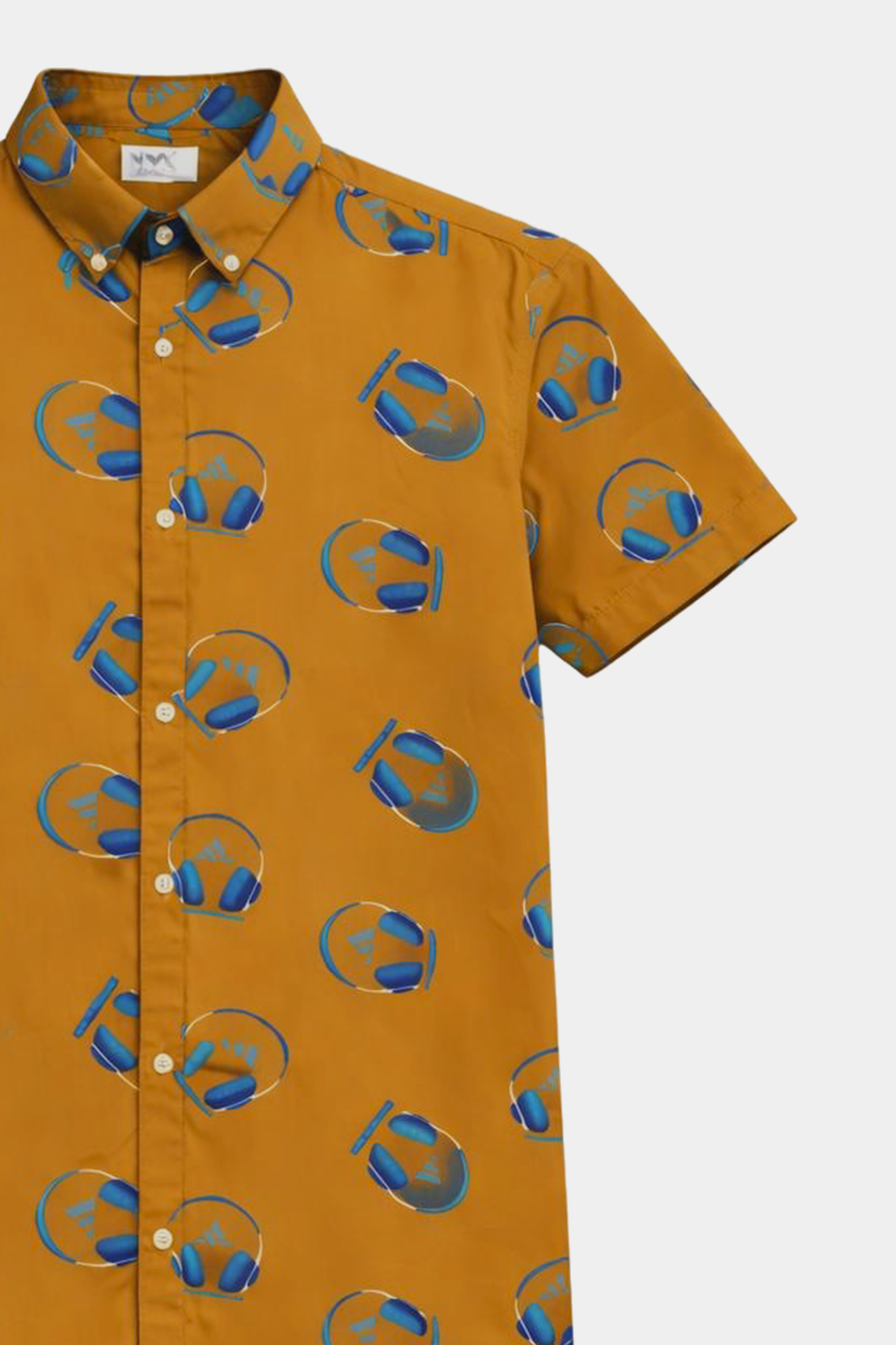 Boys Summer Linen Co-ord Set – Mustard Headphone Print Shirt & Shorts