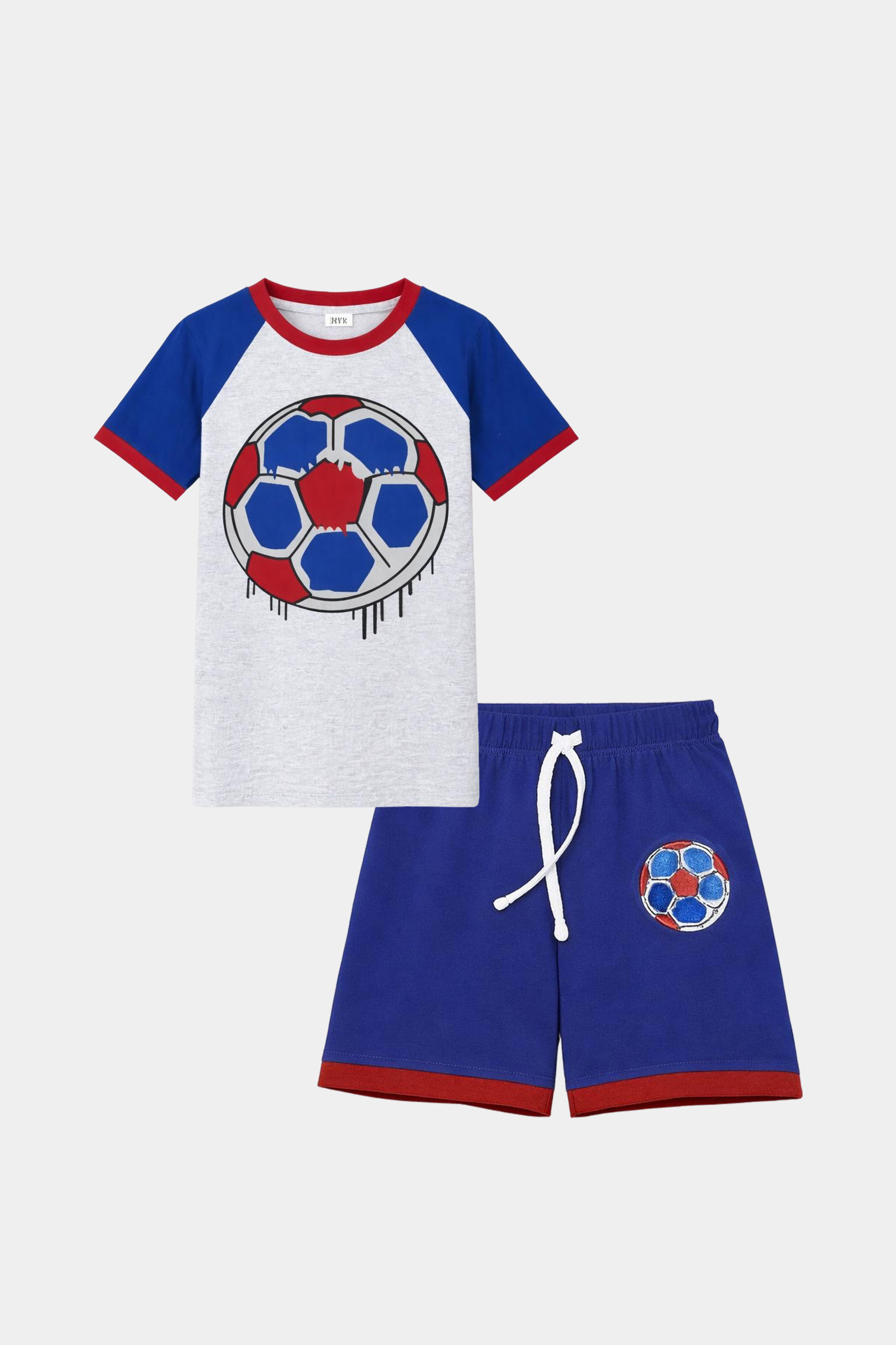 Boys' Summer Football Print T-Shirt & Shorts Set – Red, Blue & Grey Combo - MYK_Fatimas