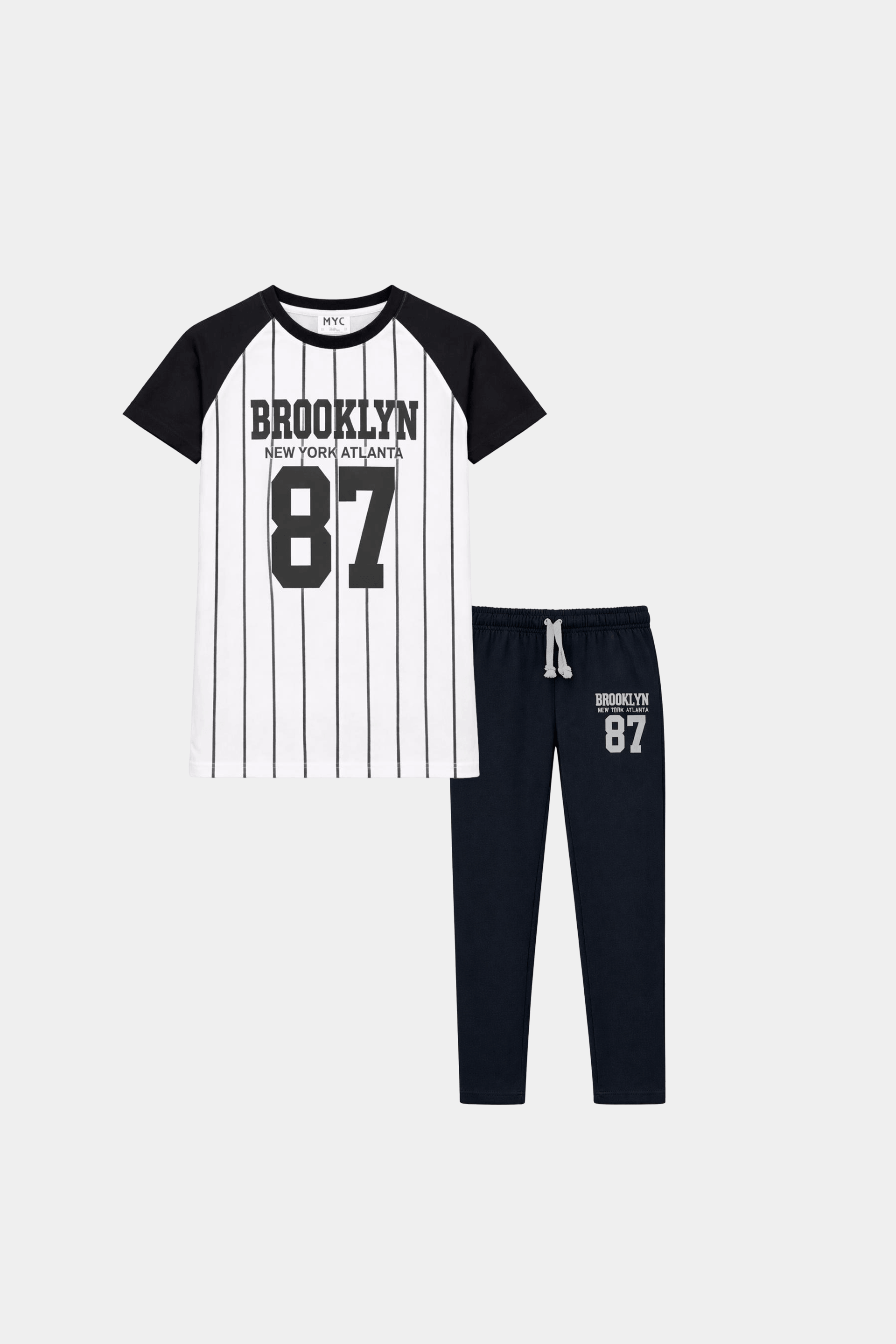 Boys Brooklyn 87 Striped T-Shirt & Navy Jogger Pants Co-Ord Set - MYK_Fatimas