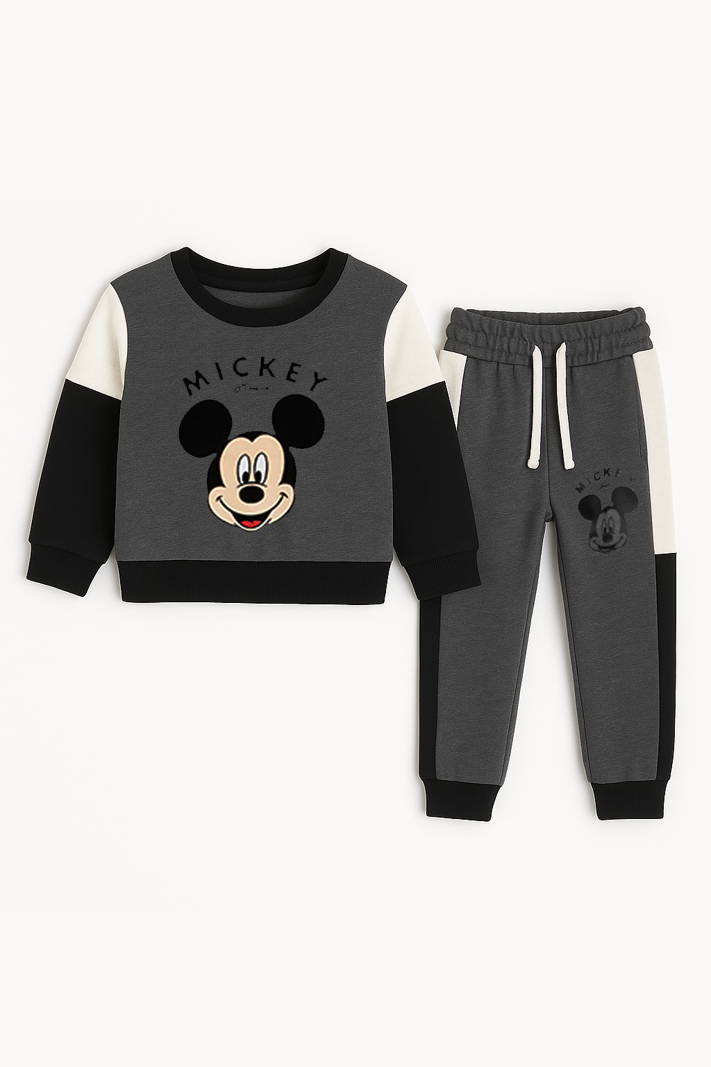 Mickey Mouse Little Boys Fleece Gray Black And White Sweatshirt & Panel Trouser - MYK_Fatimas