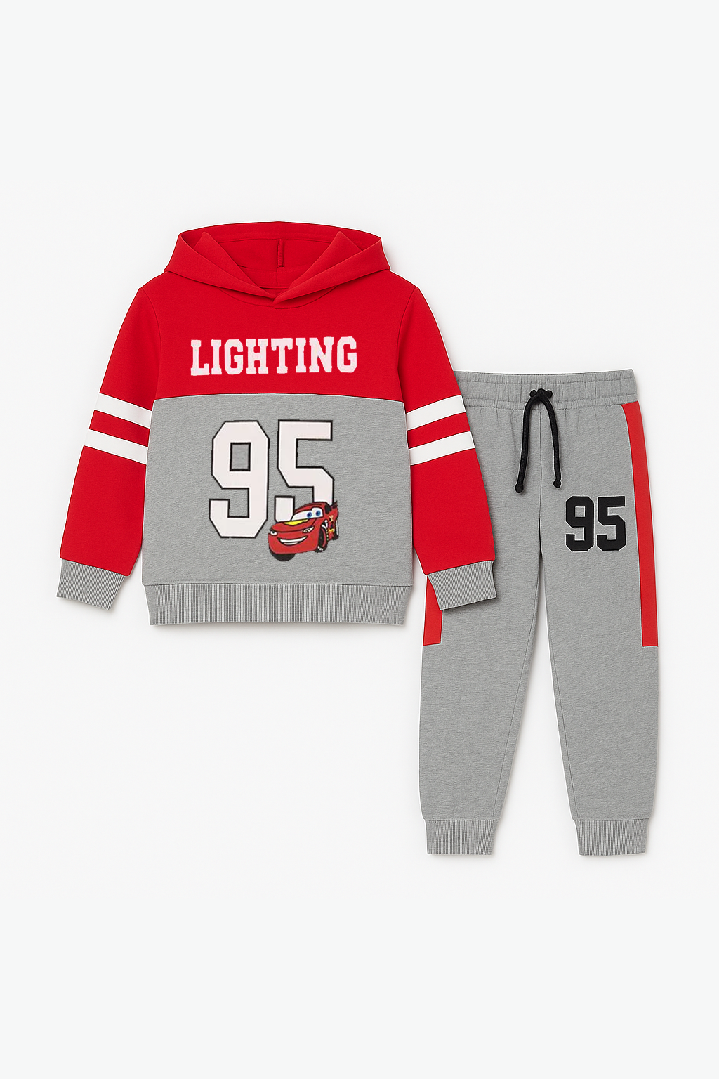 Lighting 95 Red & Grey Fleece Hoodie Tracksuit 2 pcs set - MYK_Fatimas