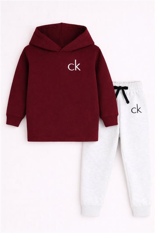 Kids Fleece Hoodie & Trouser Set – Maroon Hoodie with White Trousers Check