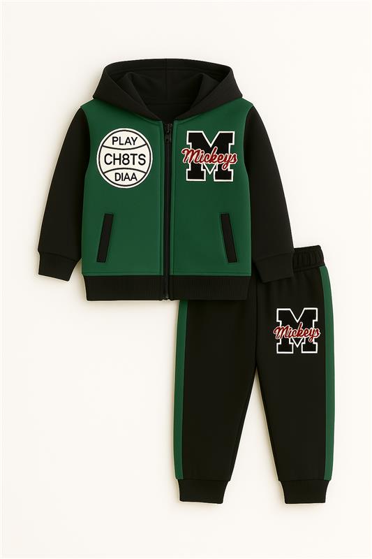 Zipper Green Black Pocket Hoodie With panel Trouser 2pcs Set - MYK_Fatimas