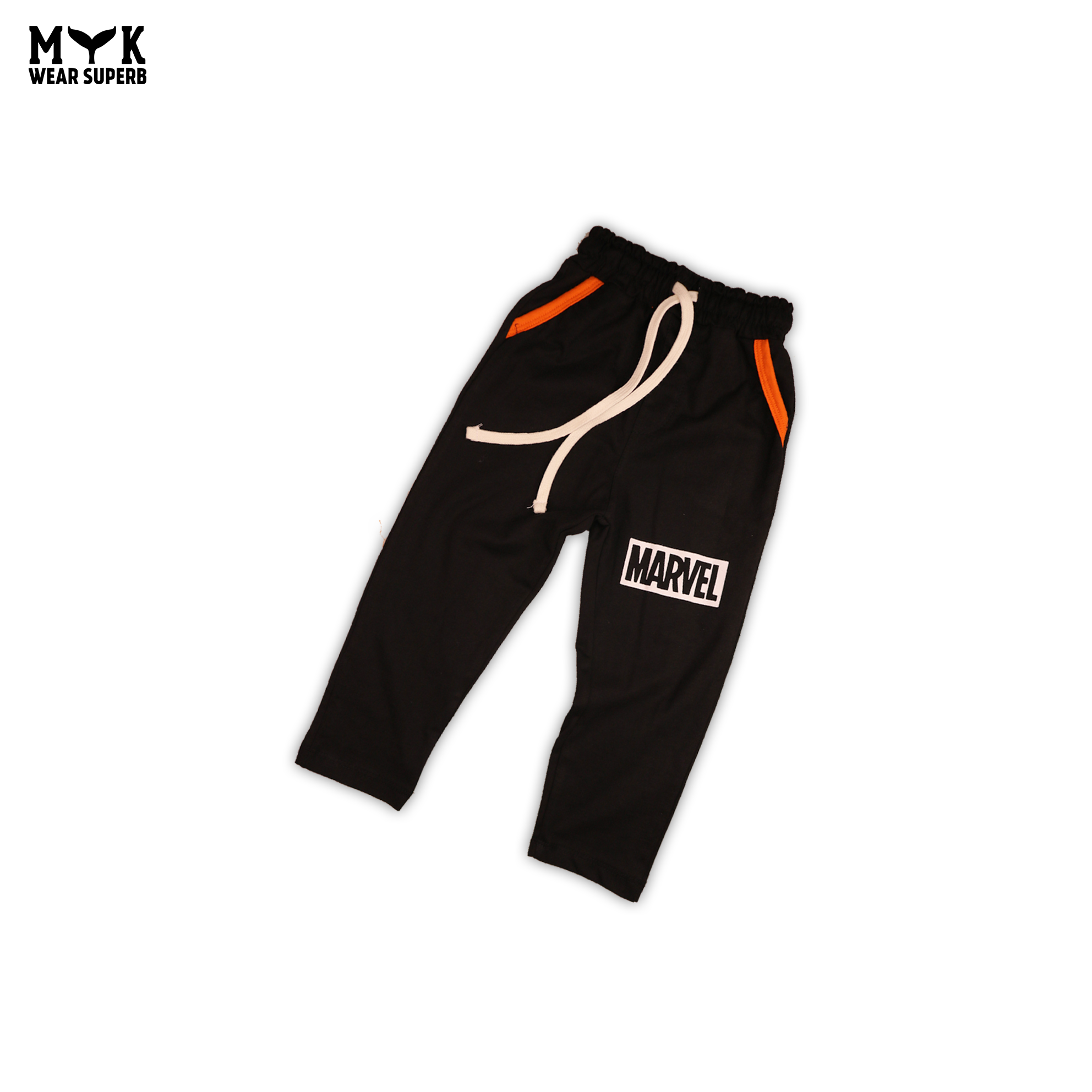 Marvel-Inspired Black Trouser & Orange Shirt Set for Kids – Superhero