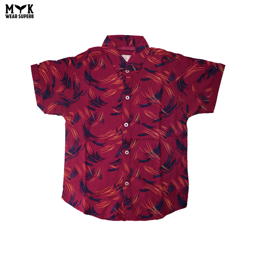 Boys Maroon Linen Printed Co-Ord Set