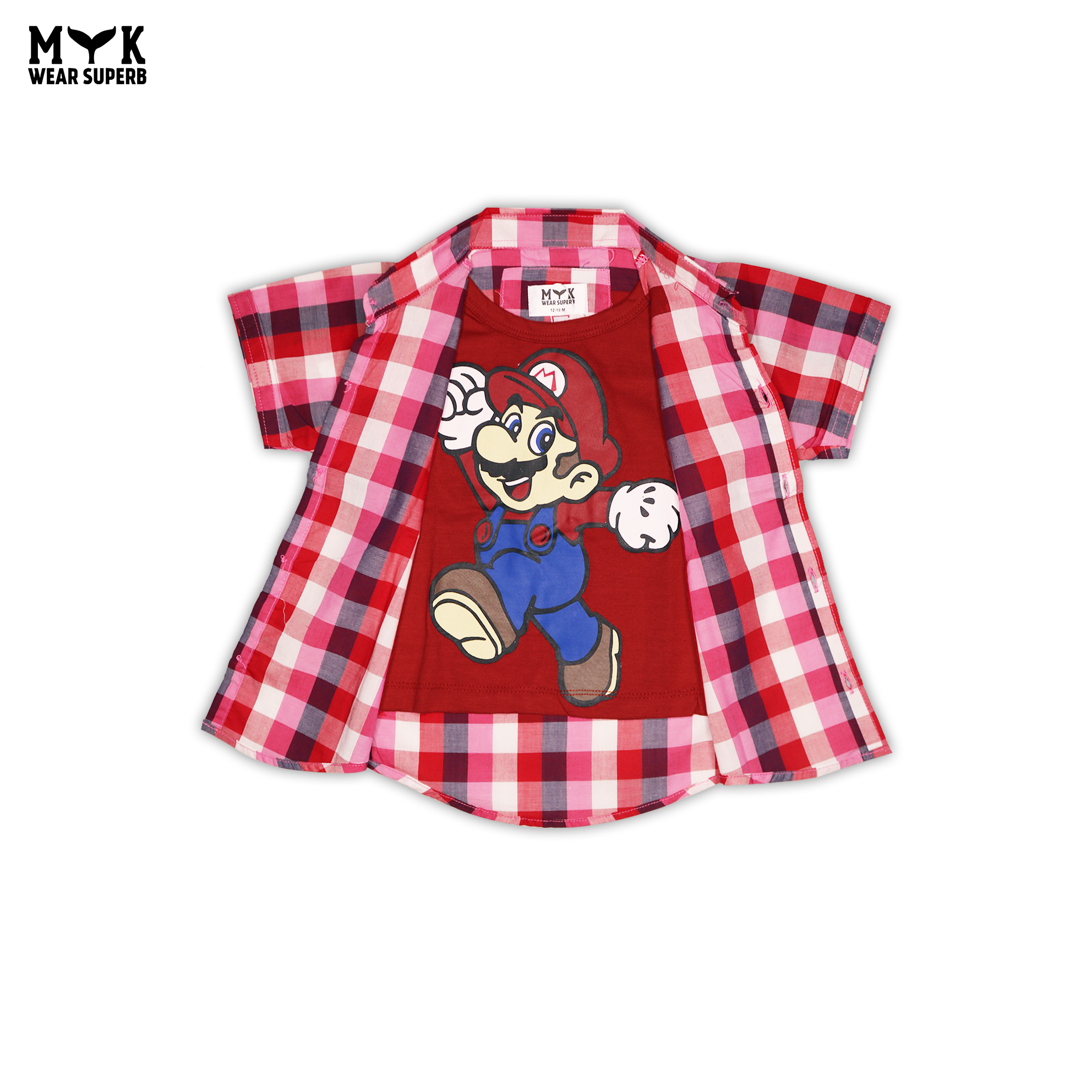 Super Mario Light Red & White Check Double Summer Shirt