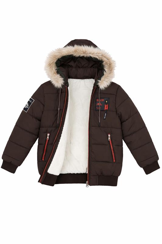 Brown Puffer Jacket with Faux Fur Hood - Unisex