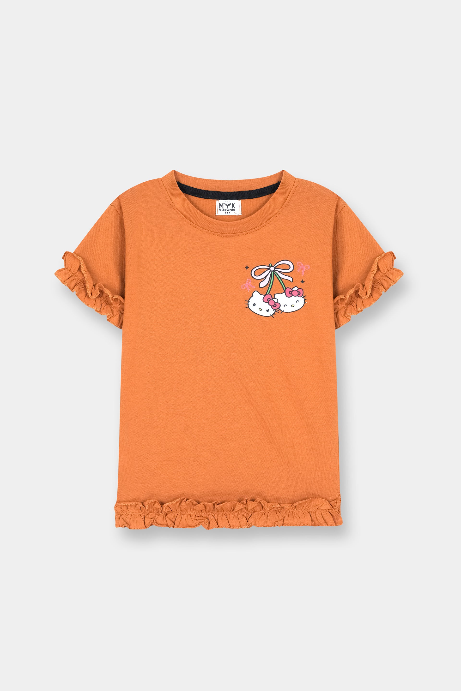 Girls Orange Kitty Print Frill Co-Ord Set – Cute Ruffle T-Shirt & Trouser Outfit - MYK_Fatimas