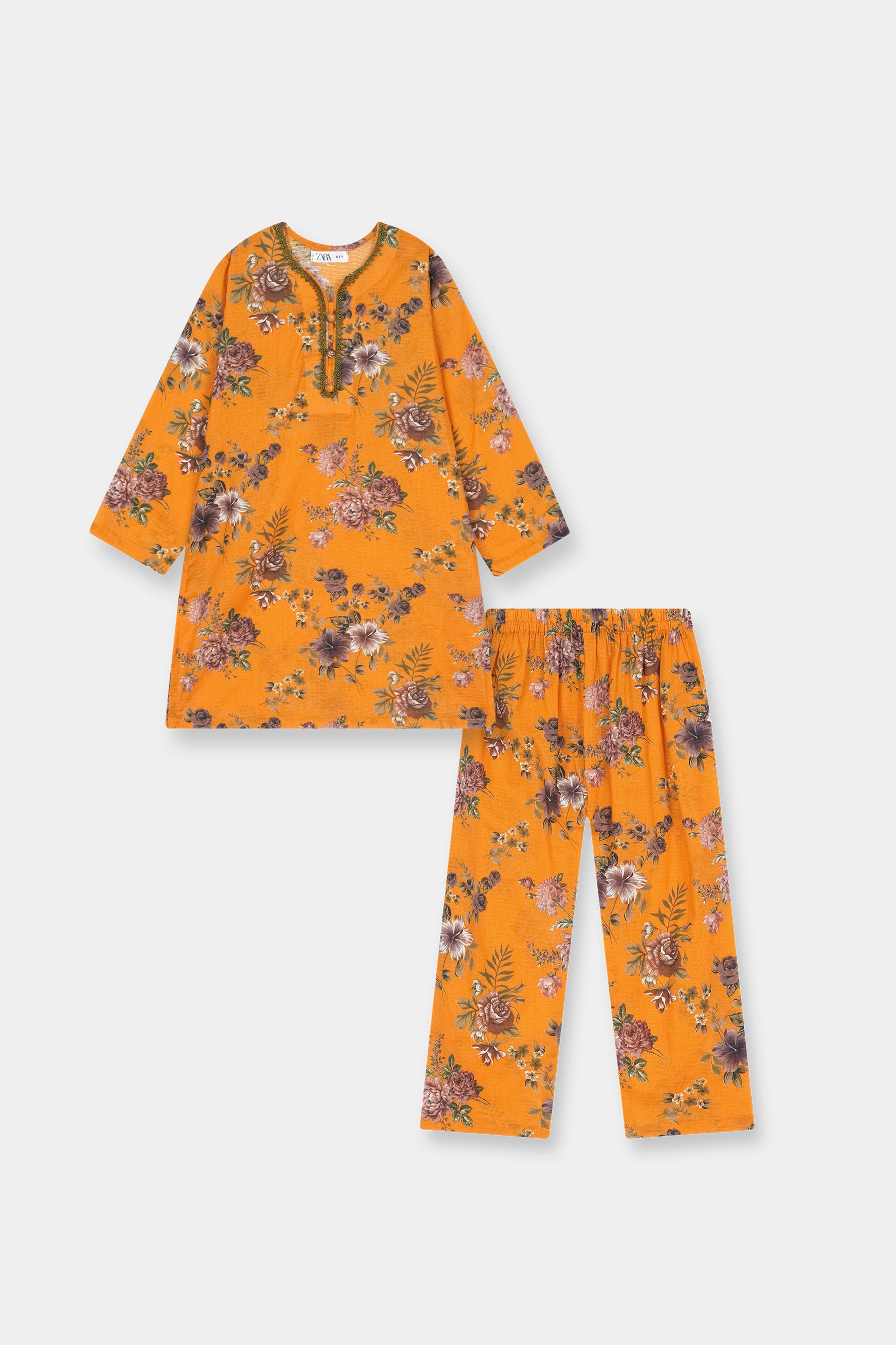 Luxury Dora Cotton Lawn Track Suit for Girls – Mustard Yellow with Brown & Beige Floral Print - MYK_Fatimas