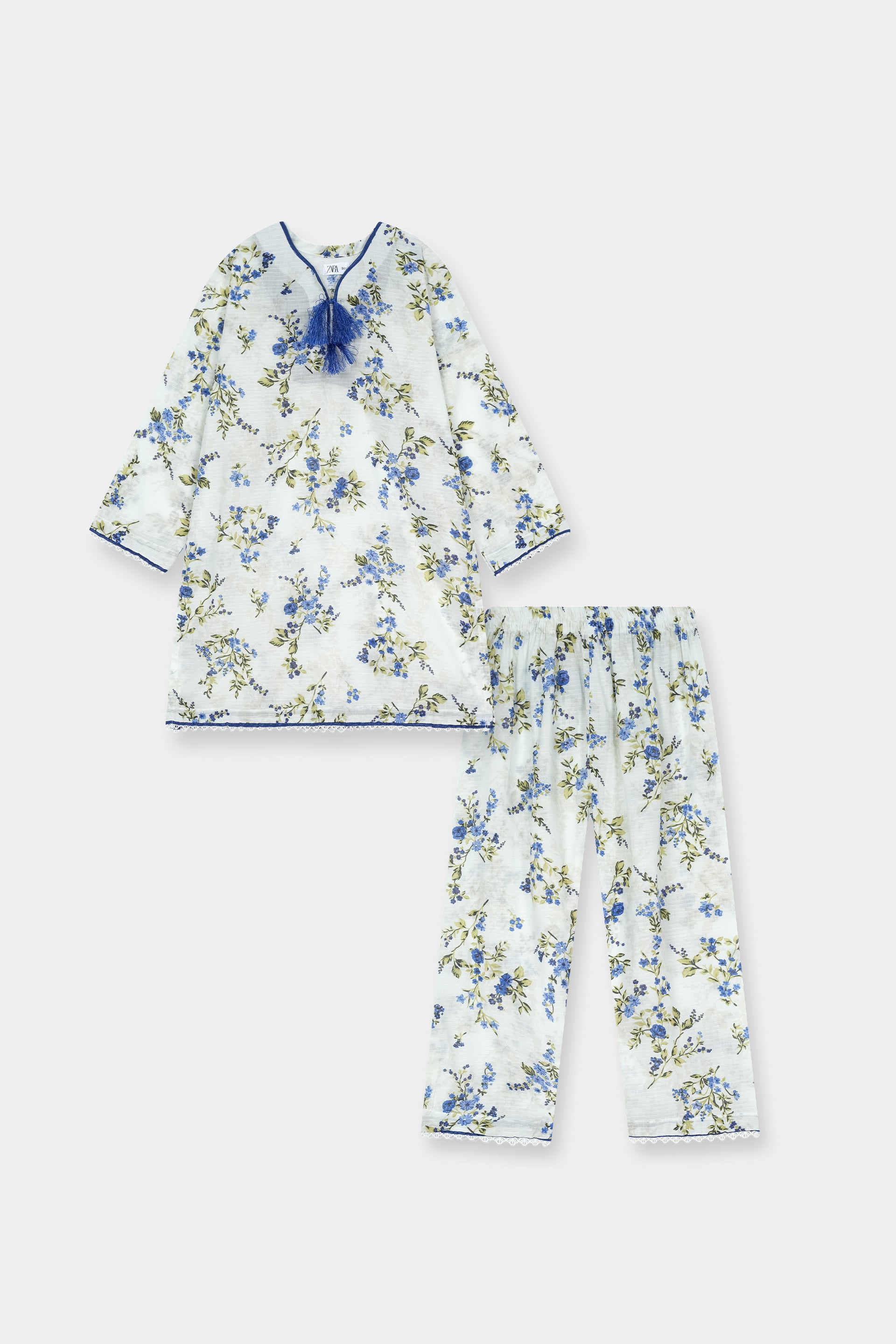 Luxury Dora Cotton Lawn Track Suit for Girls-White blue floral - MYK_Fatimas