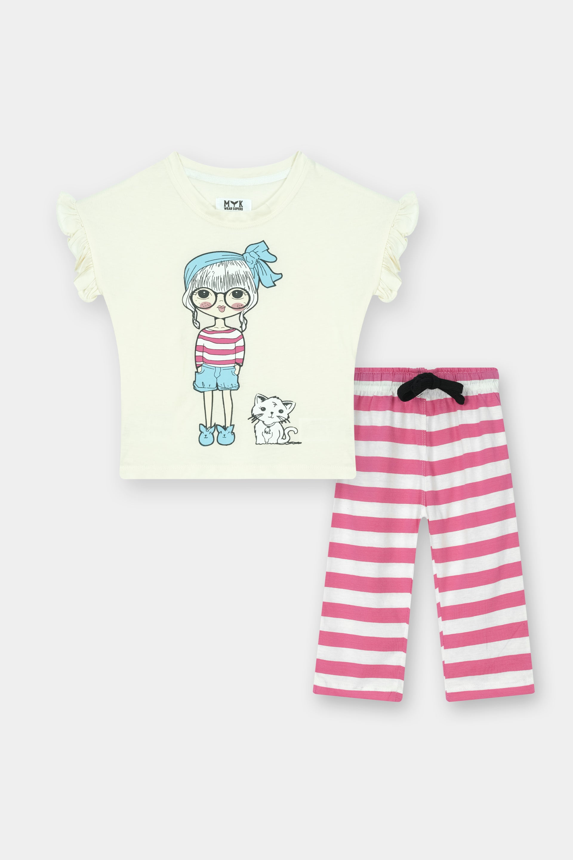 Cute Doll & Cat White Printed T-Shirt with Pink Striped Trouser Set