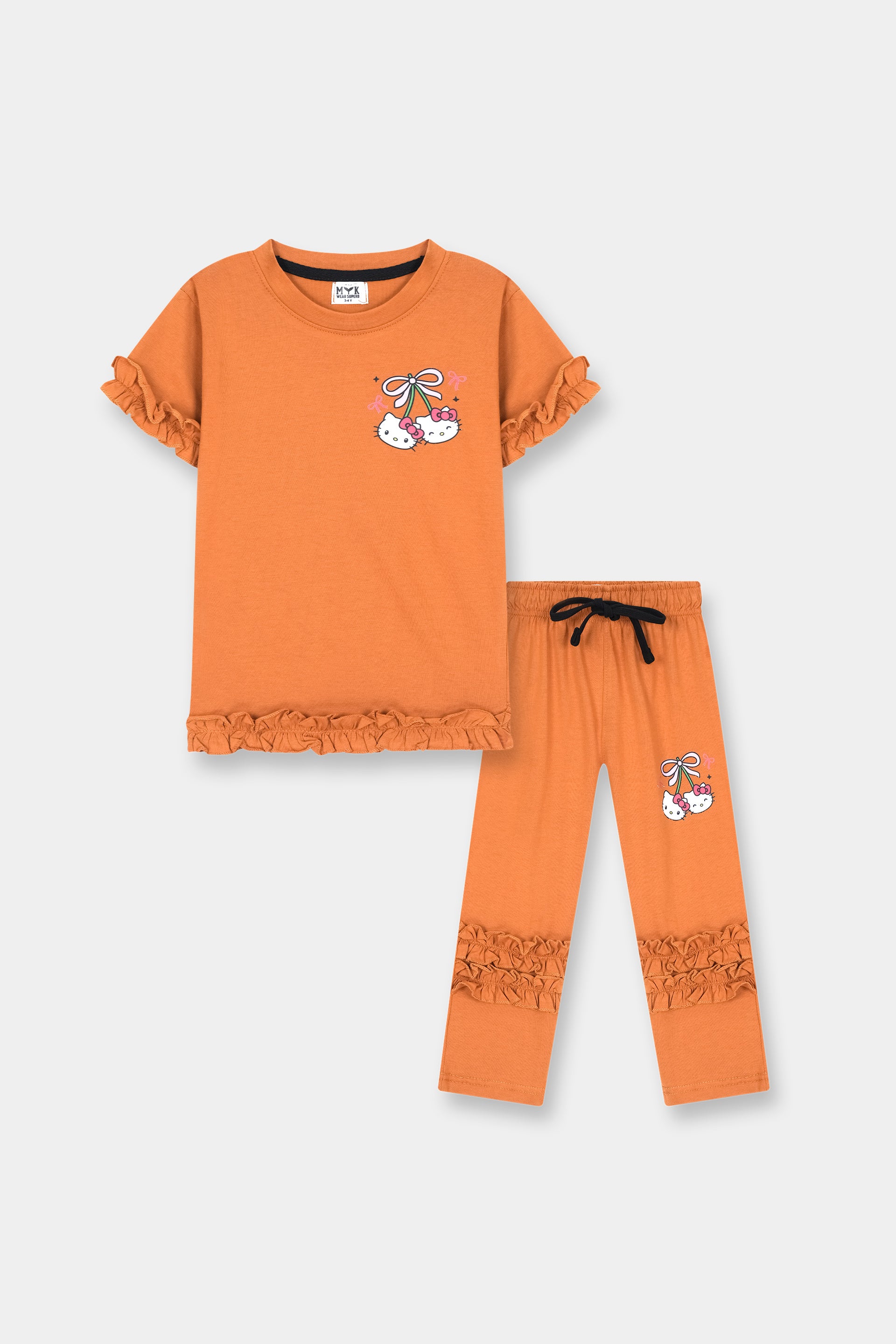 Girls Orange Kitty Print Frill Co-Ord Set – Cute Ruffle T-Shirt & Trouser Outfit - MYK_Fatimas