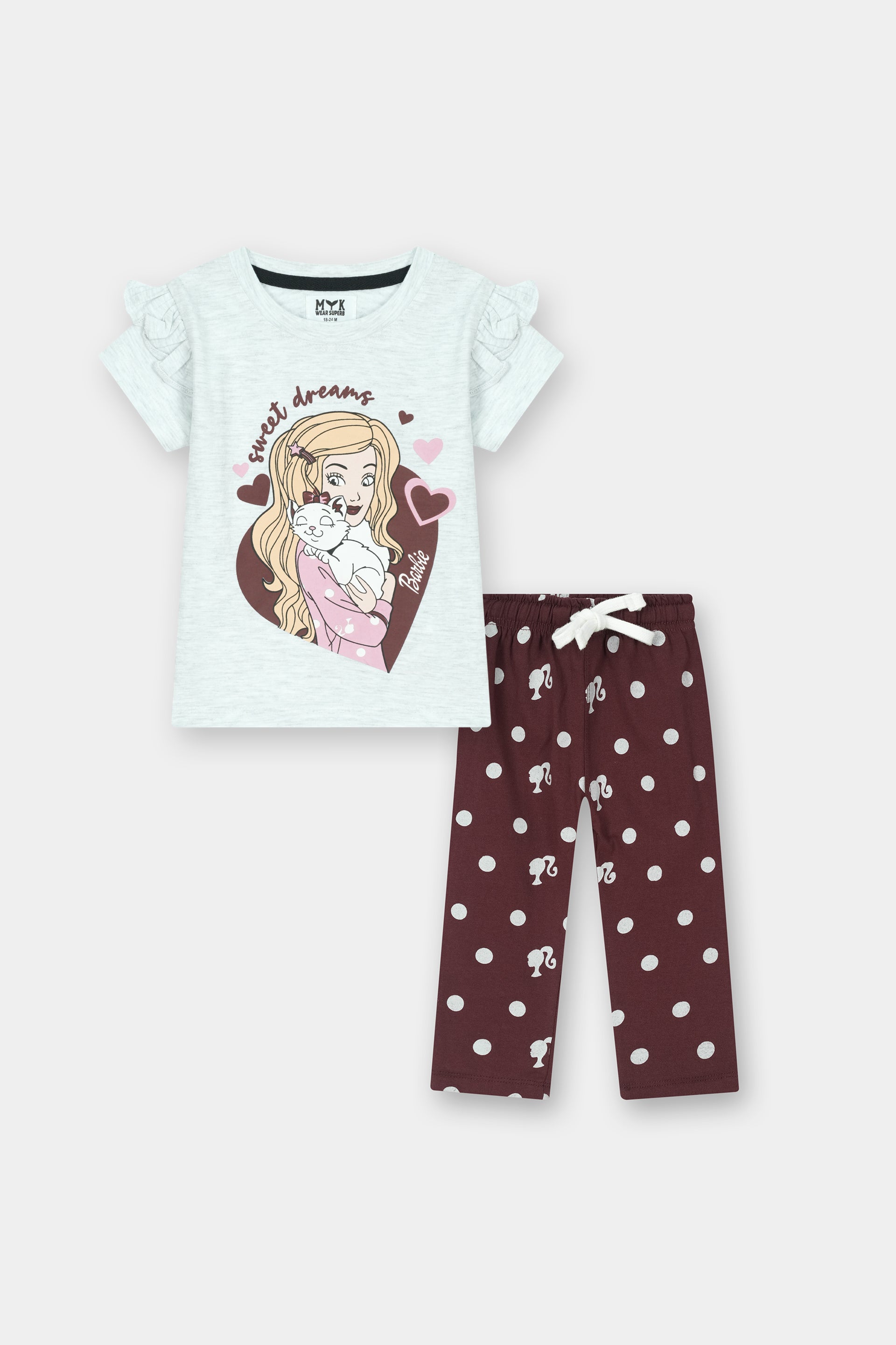 Girls Night Suit - Barbie Sweet Dreams Print Grey Top & Maroon Polka Dot Trousers by MYK