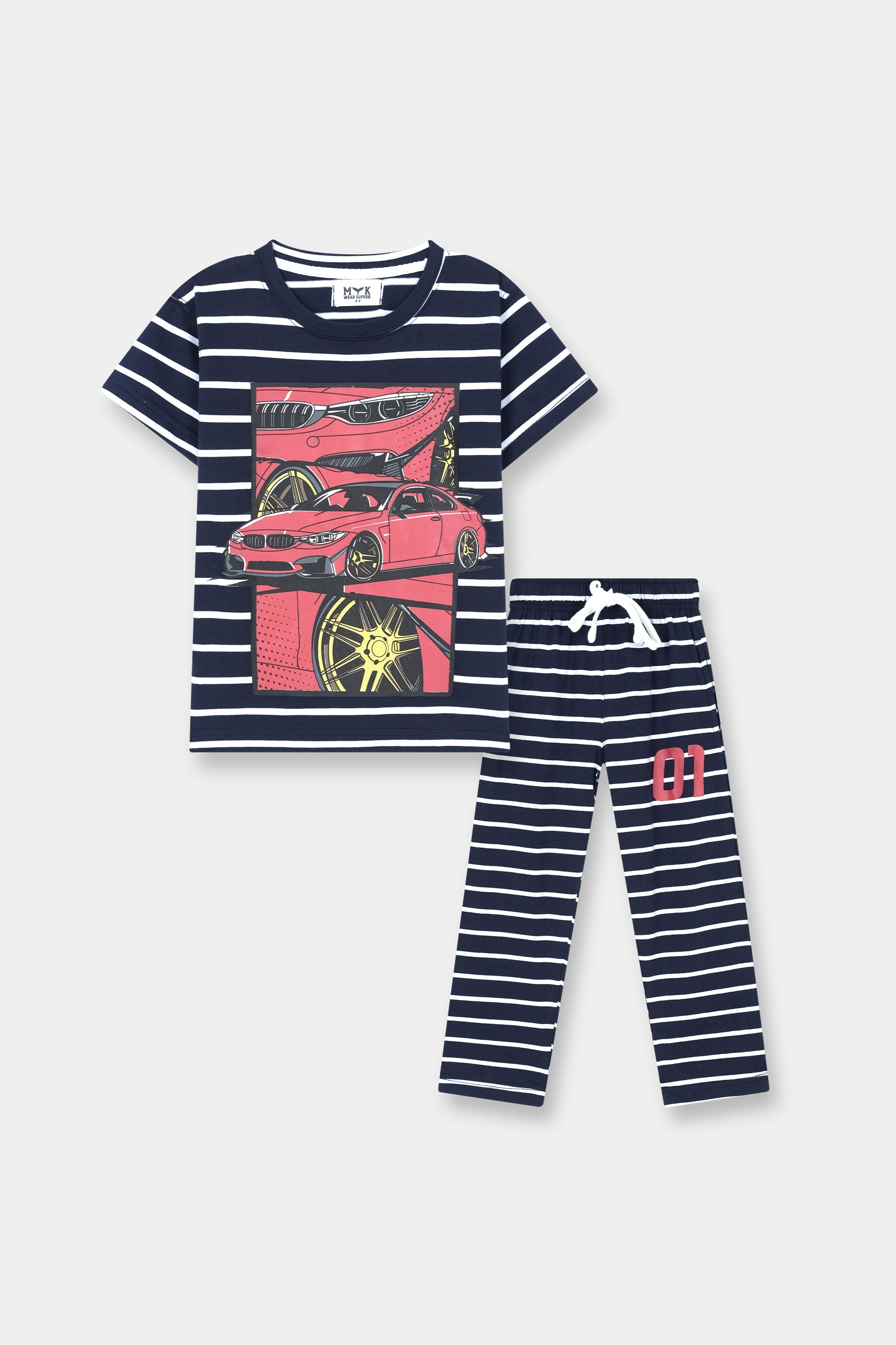 Boys Navy Striped Sports Car Print Summer Co-Ord Set - MYK_Fatimas