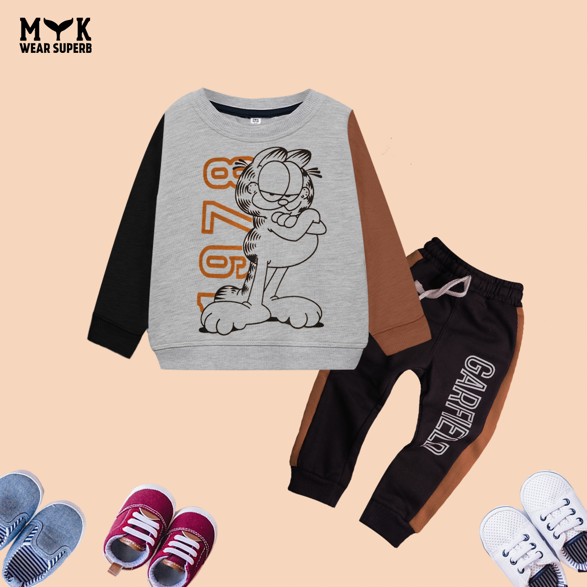 Kids Grey ,brown & black Garfield Print Sweatshirt With Panel Trouser Premium Quality Set