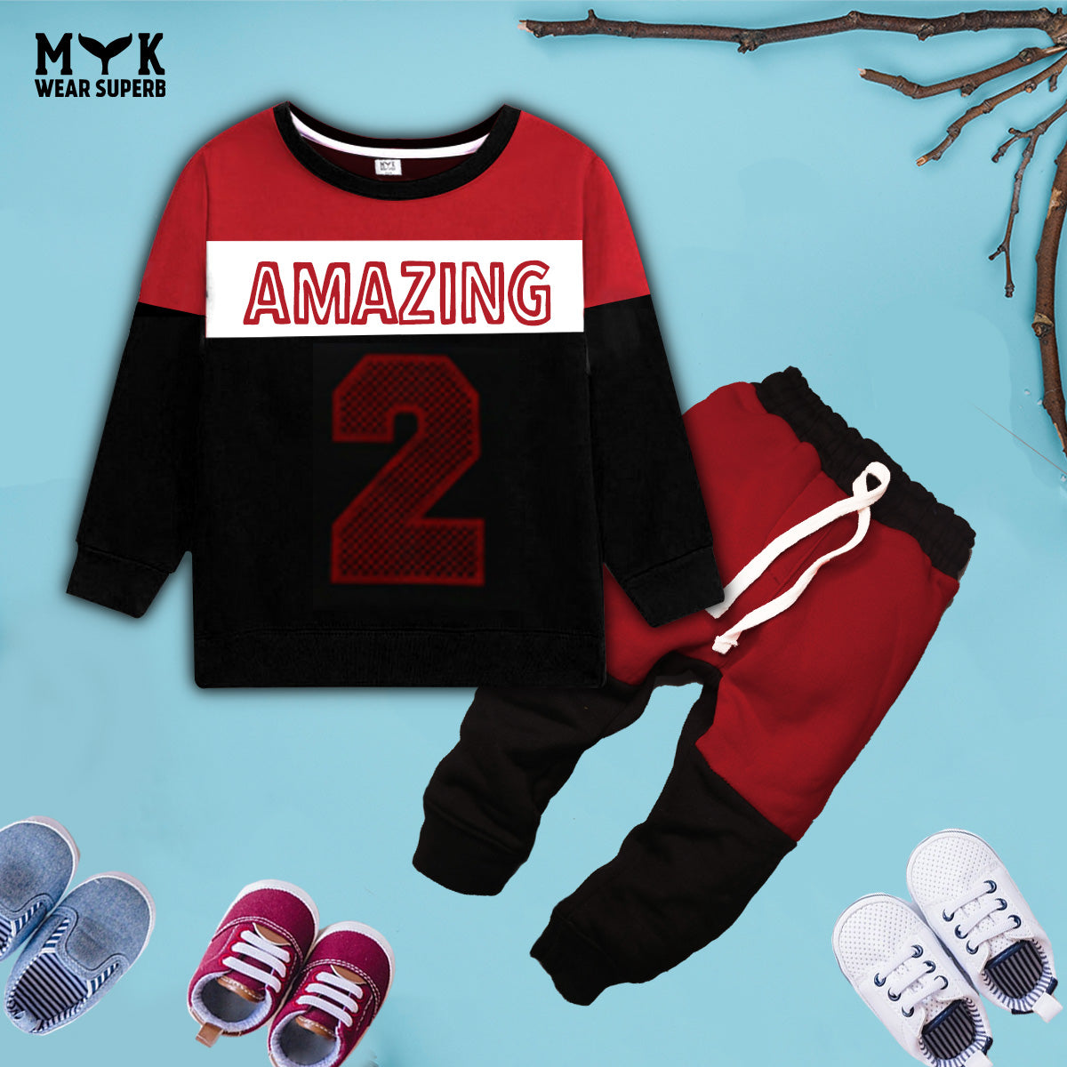 Baby Boy Amazing 2 Red & Black Sweatshirt With Pocket Trouser Long Sleeves Outfit