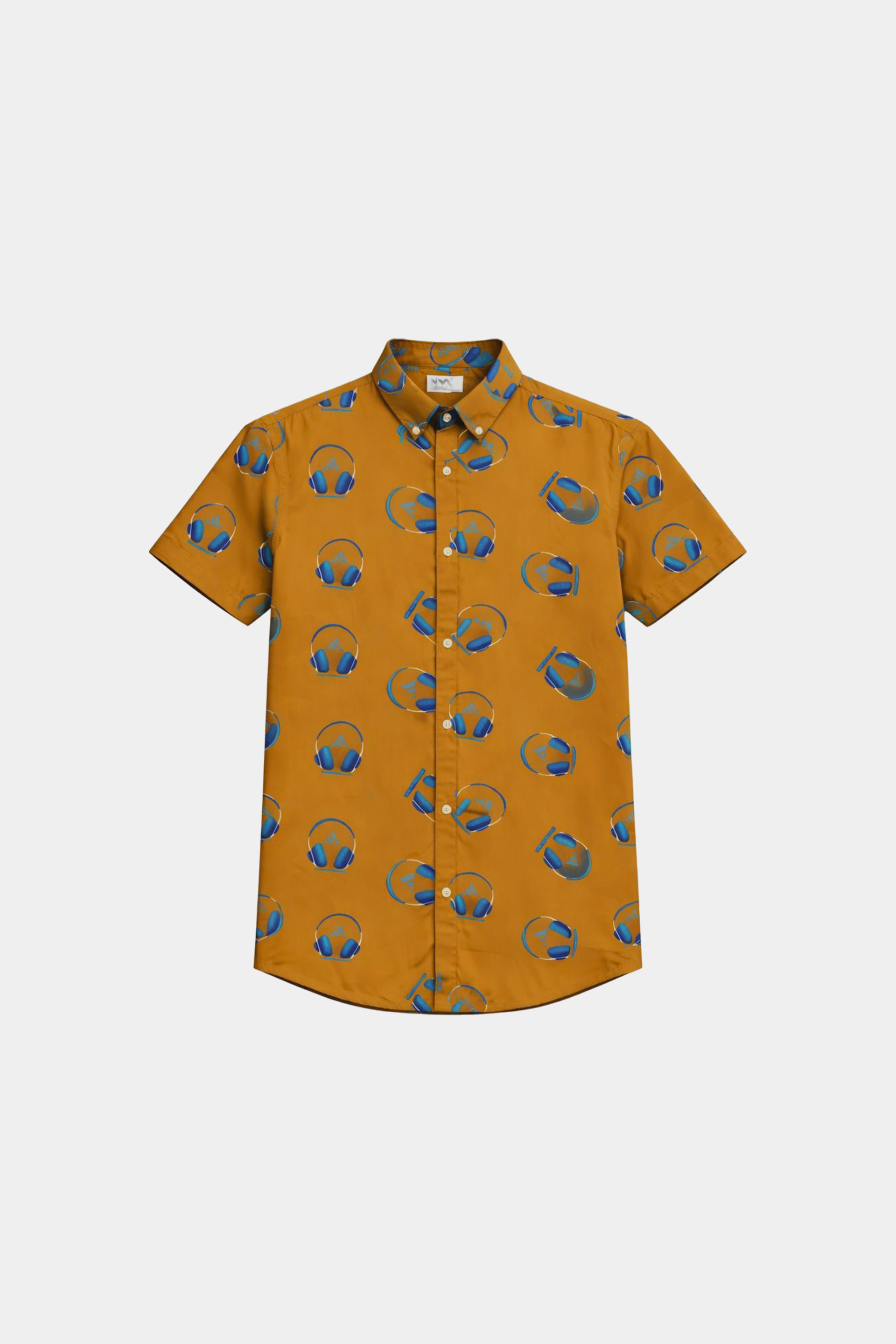 Boys Summer Linen Co-ord Set – Mustard Headphone Print Shirt & Shorts