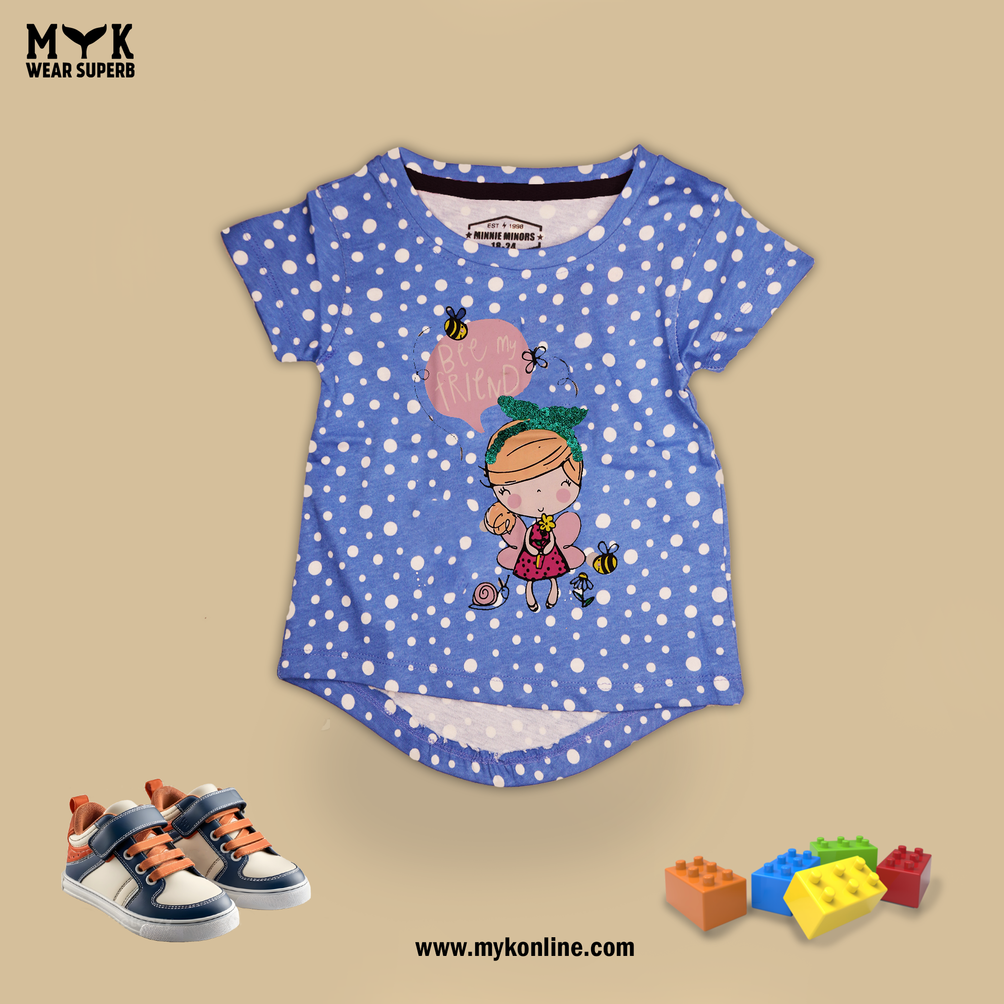 Baby Girl Dot Blue Bee Printed tee