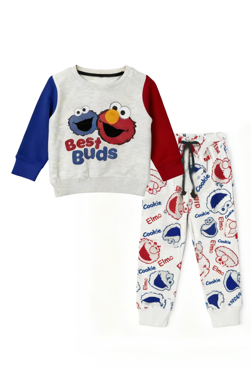 Best Buds Kids Tracksuit featuring Elmo and Cookie Monster print in red and blue colors.
