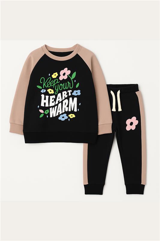 Keep Your Heart Warm Baby Girls Pink & Black Graphic Sweatshirt With Panel Trouser - MYK_Fatimas