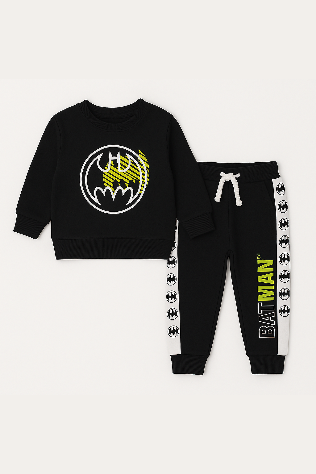 Kids Black Yellow Batman Logo Sweatshirt Long Sleeves With Panel Trouser - MYK_Fatimas