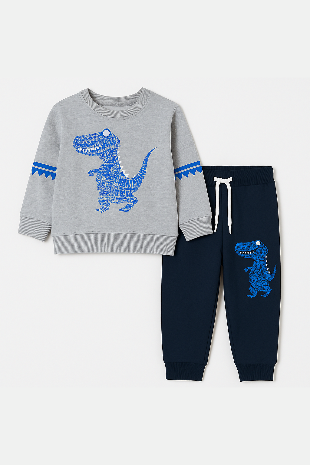 Toddler Baby Boy Grey Dinosaur Sweatshirt  Long Sleeve Pullover With Navy Blue Pocket Trouser - MYK_Fatimas