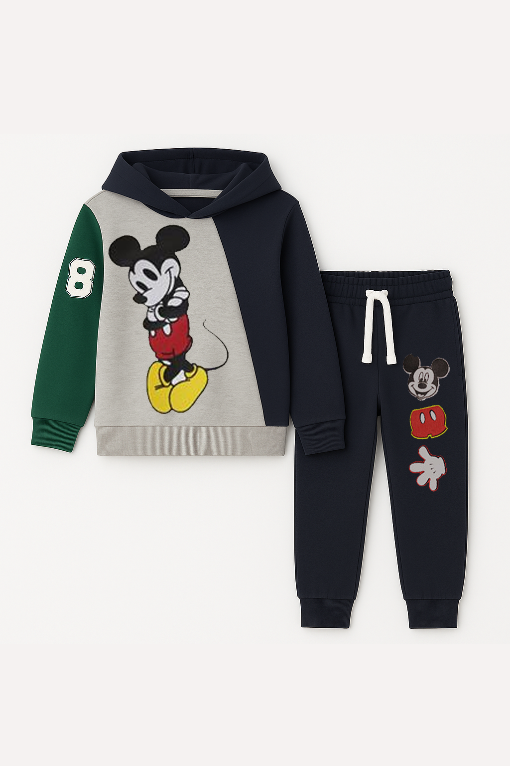 Kids Blue, Grey & green Micky Mouse Fleece Hoodie With Pocket Trouser Outfits Set Imported - MYK_Fatimas