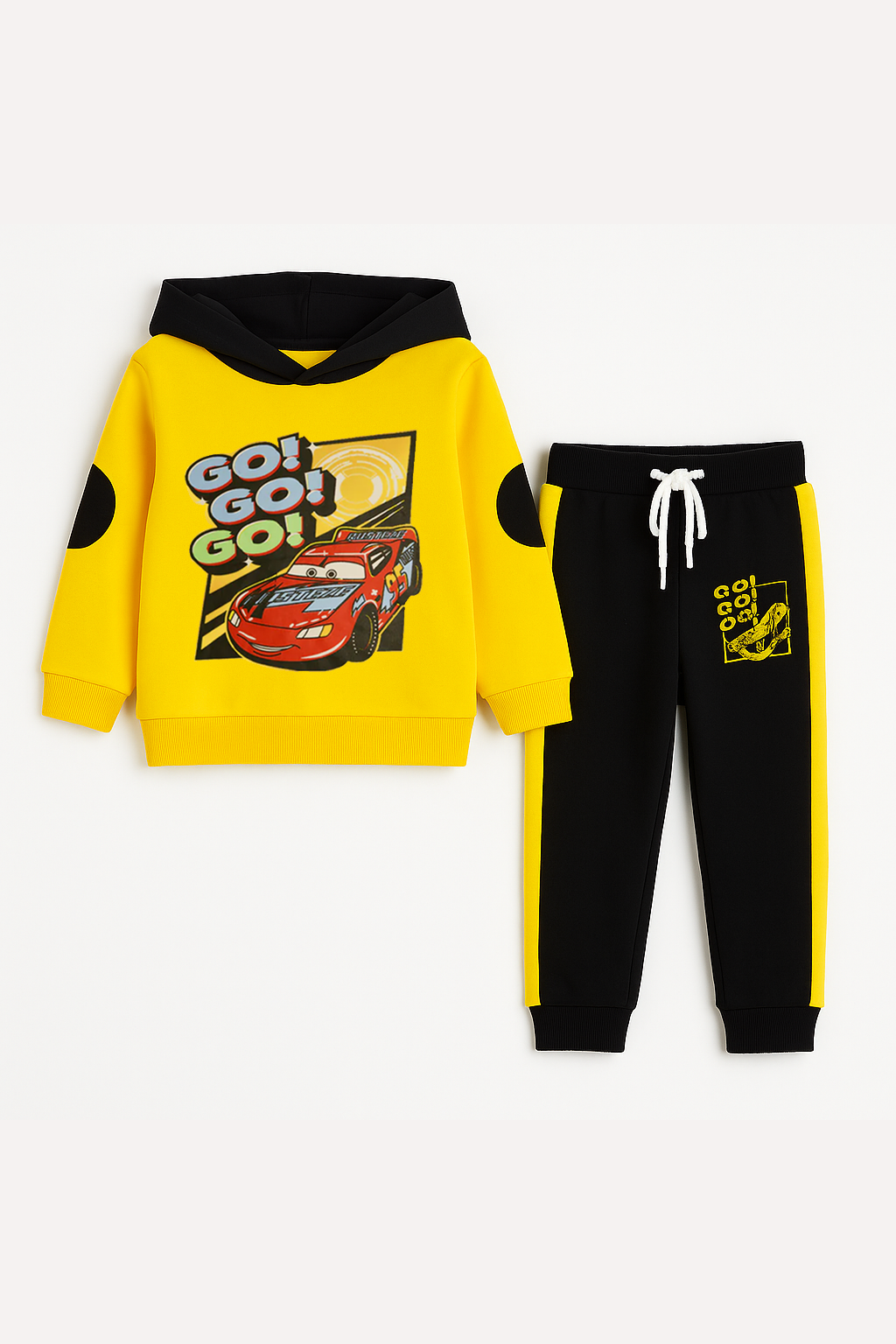 Go Go Go Car Printed Yellow Hoodie & Black Trouser With Dori Outfit Premium Quality Set - MYK_Fatimas