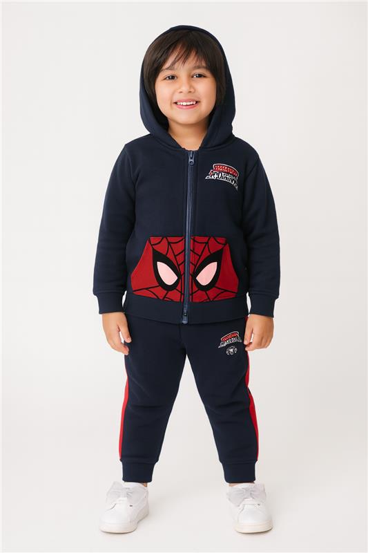 Red & Navy Blue  Spider Man Pocket Hoodie With Panel Trouser 2pcs Premium Quality Set - MYK_Fatimas