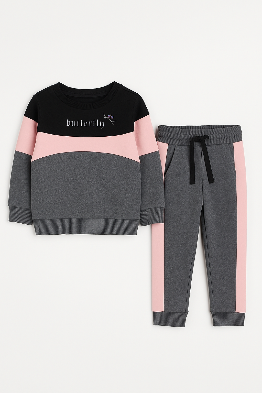 Toddler Girls Butterfly Letter Graphic Black , Pink & Grey Color Sweatshirt With Panel Trouser - MYK_Fatimas