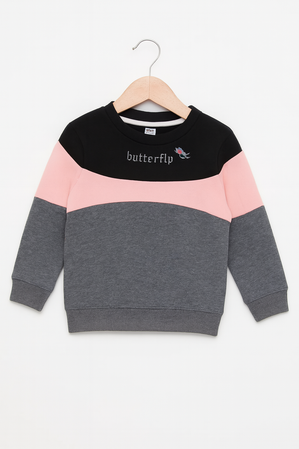 Toddler Girls Butterfly Letter Graphic Black , Pink & Grey Color Sweatshirt With Panel Trouser - MYK_Fatimas