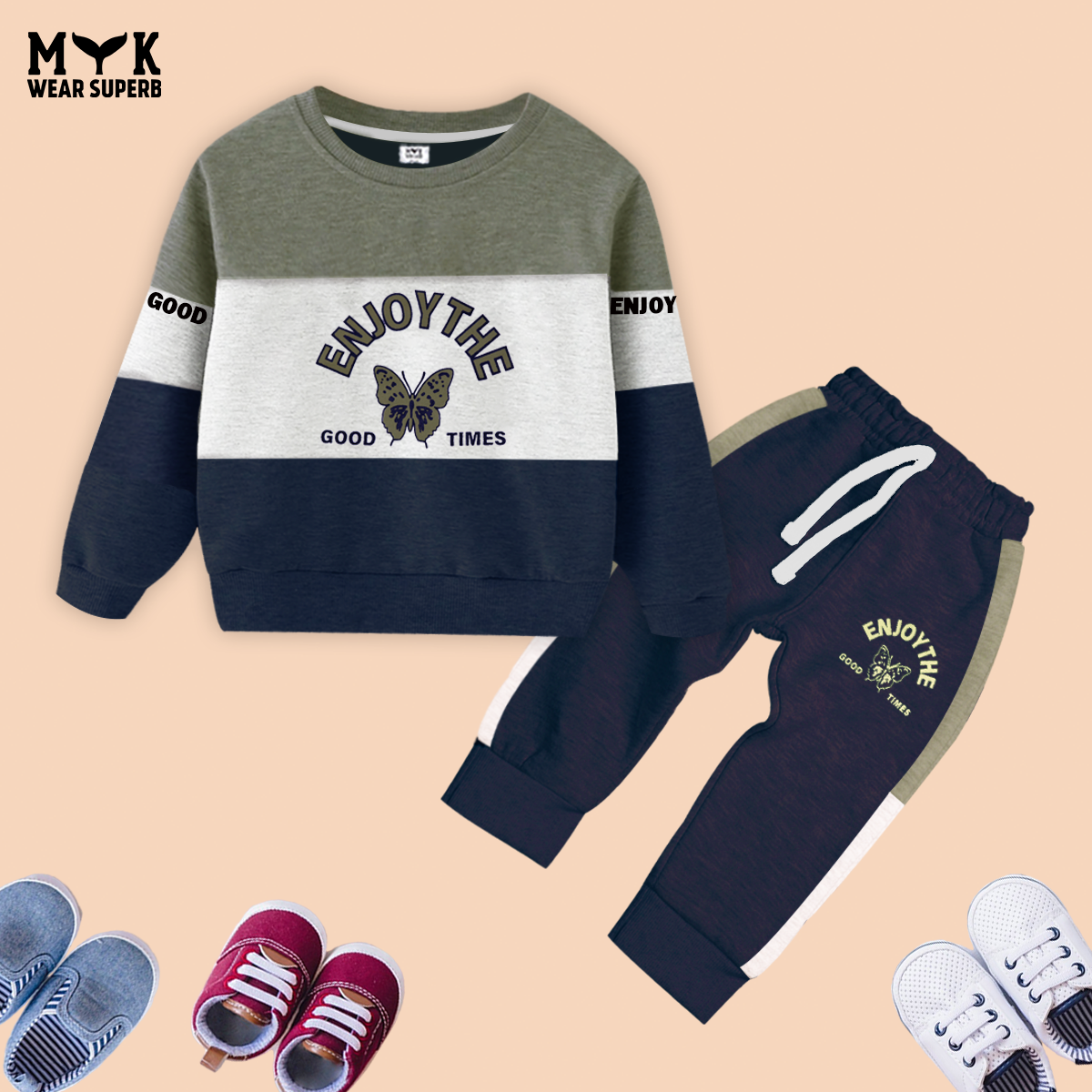 2pcs Set Kids Enjoy Time  Green ,White & navy Blue Sweatshirt With panel Trouser