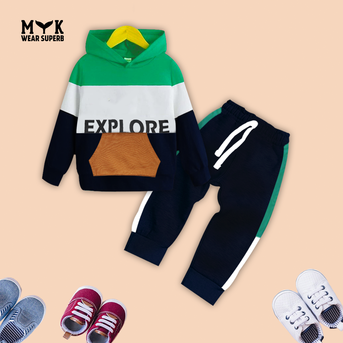 Explore Print Hoodie Green ,White & navy Blue With panel Trouser 2pcs Premium Quality Set