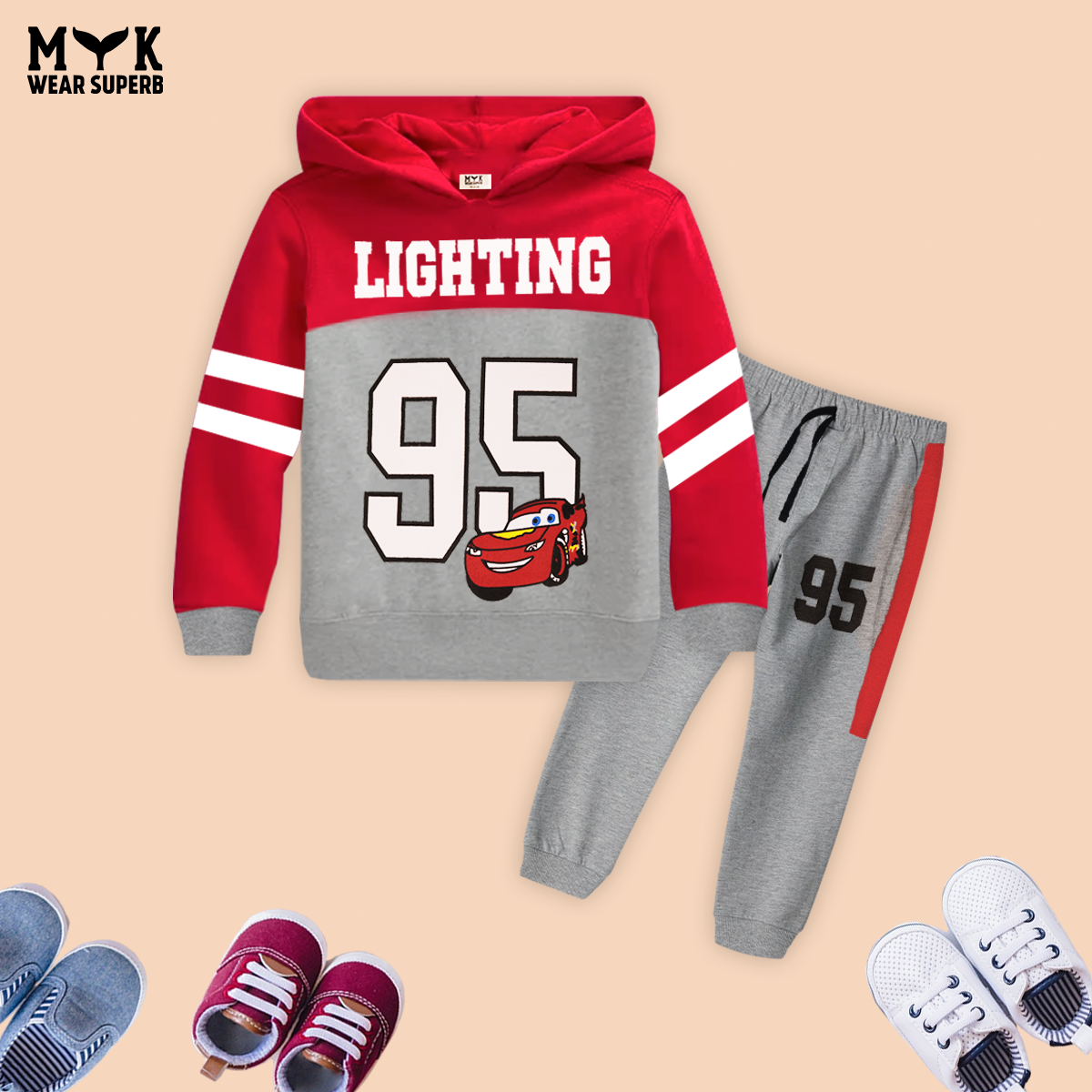 Lighting 95 Red & Grey  Fleece Hoodie Tracksuit 2 pcs set