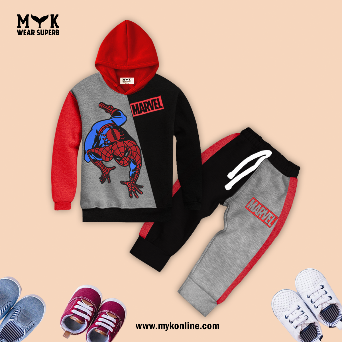 Kids Marvel Red & black Hoodie Fleece Tracksuit 2 Pcs set