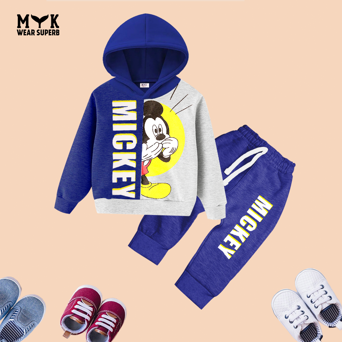 Mickey Blue & Grey Fleece Hoodie Tracksuit for kids 2 pcs set