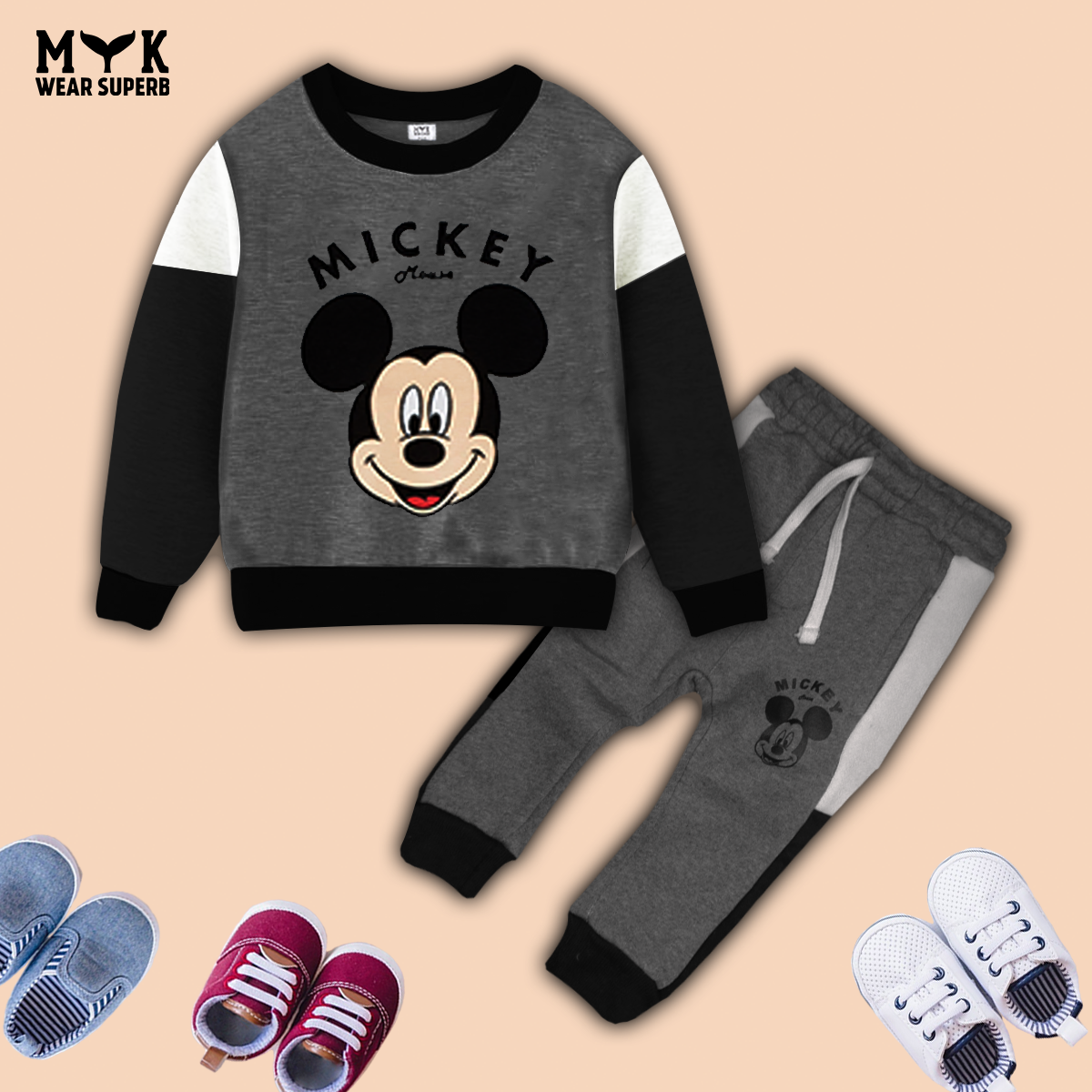 Mickey Mouse Little Boys Fleece Gray Black And White Sweatshirt & Panel Trouser