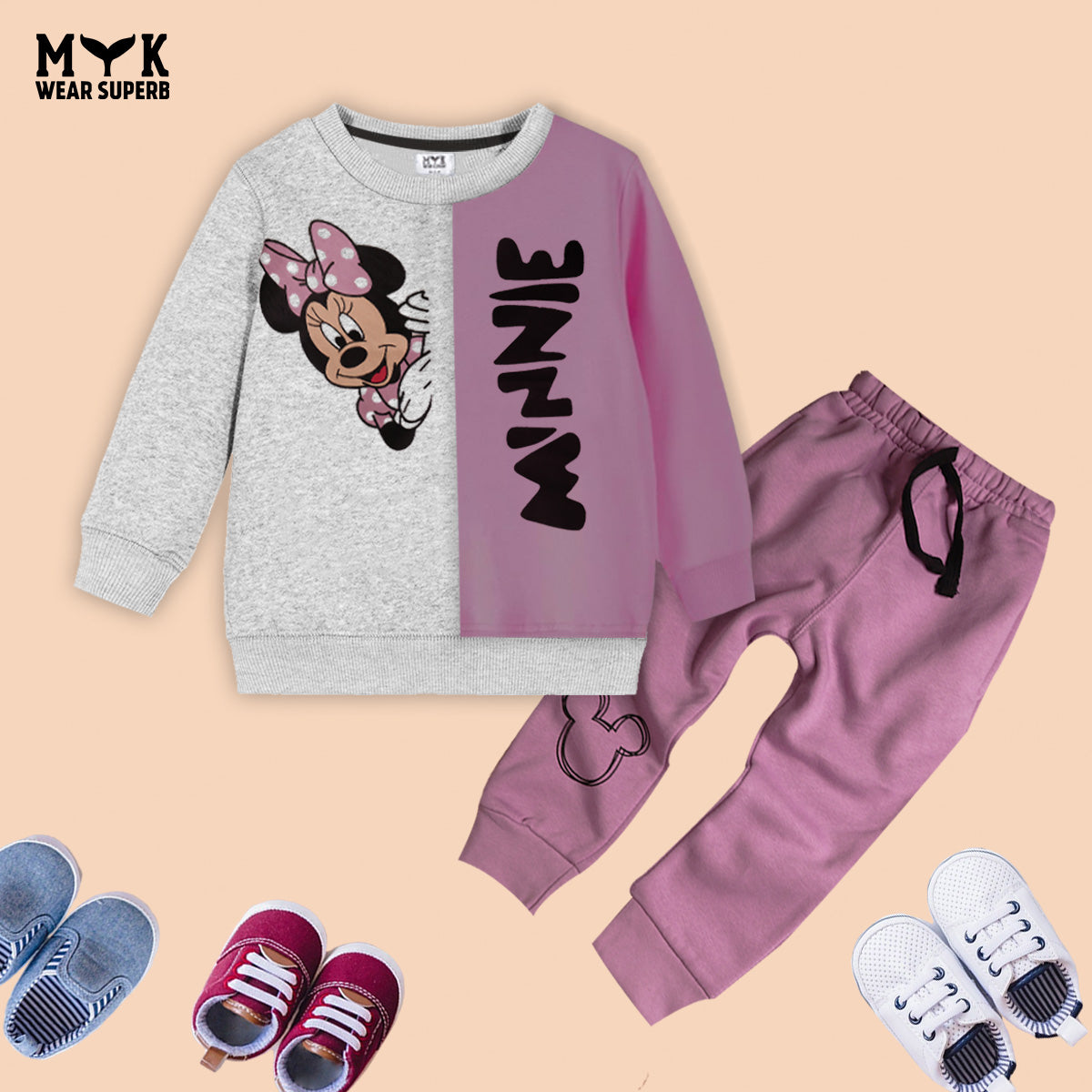 Disney Minnie Mouse Fleece Pink and Grey Sweatshirt With Trouser  2 Piece Set