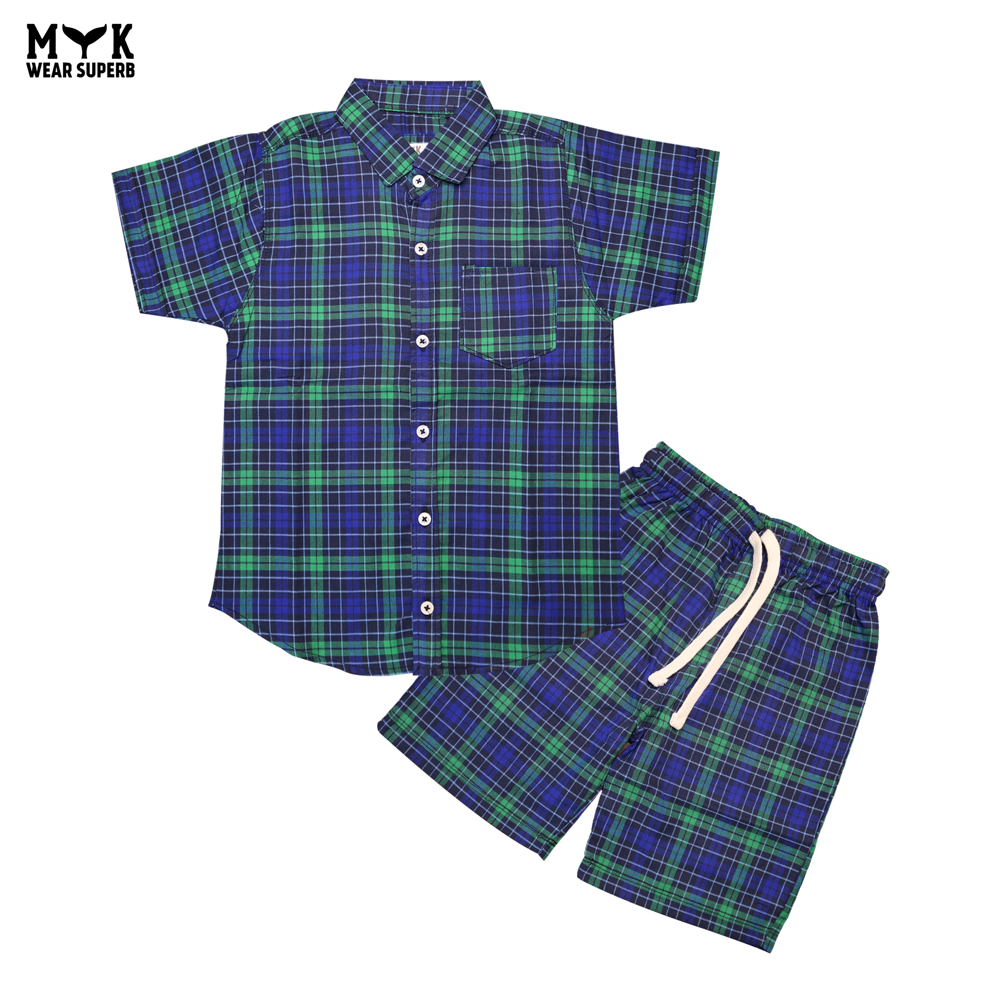 Boys Olive Green & Navy Checkered Summer Shirt and Shorts Set