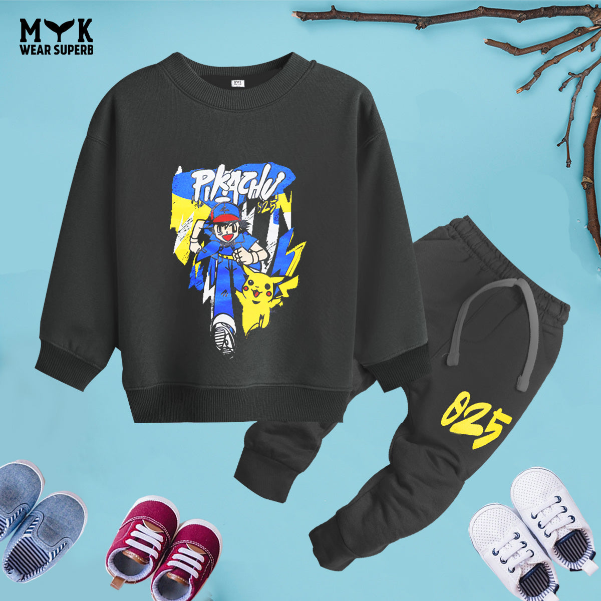 Printed Pikachu Kids Sweatshirt & Trouser  With Dori Outfit Premium Quality Set