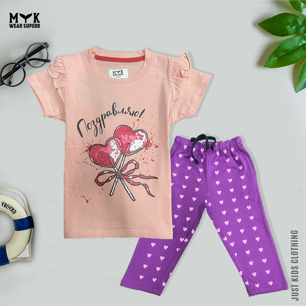 Heart printed Pink tee With Purple Allover Trouser