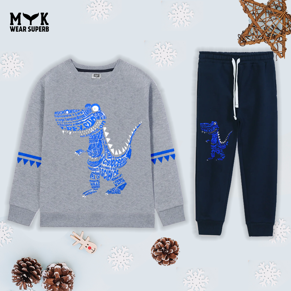 Toddler Baby Boy Grey Dinosaur Sweatshirt  Long Sleeve Pullover With Navy Blue Pocket Trouser