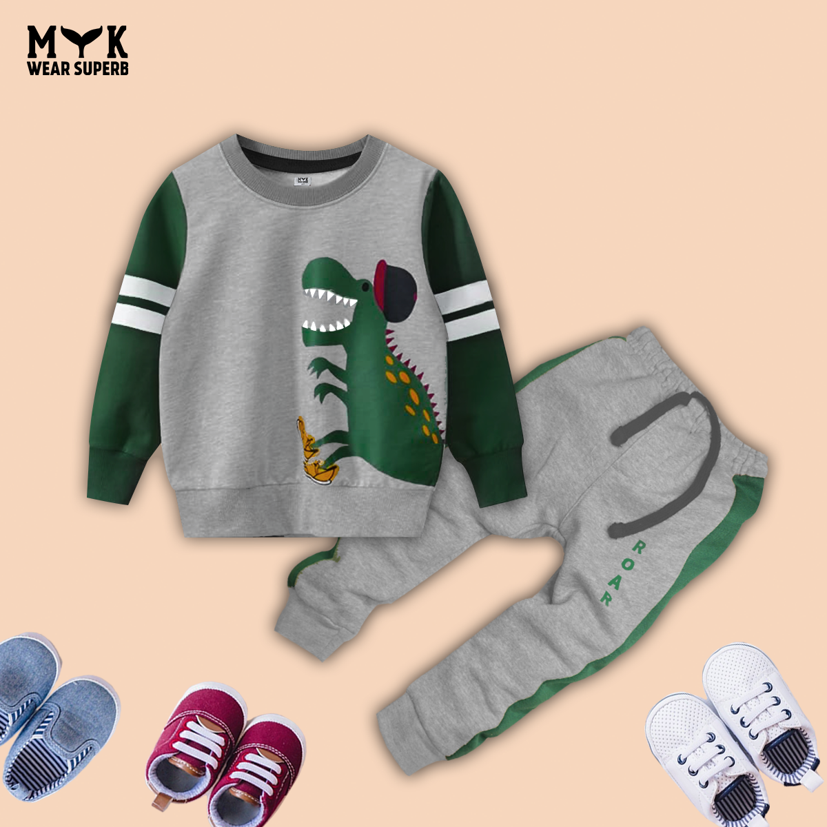 2pcs Set Kids Dinosaur Graphic Green & grey Sweatshirt With panel Trouser