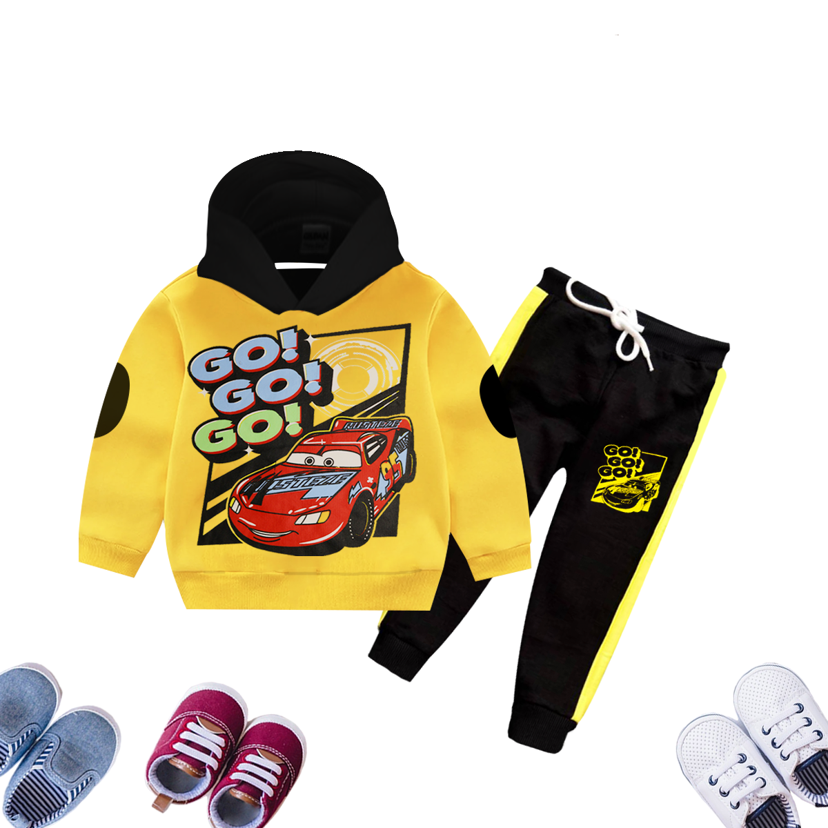 Go Go Go Car Printed Yellow Hoodie & Black Trouser With Dori Outfit Premium Quality Set